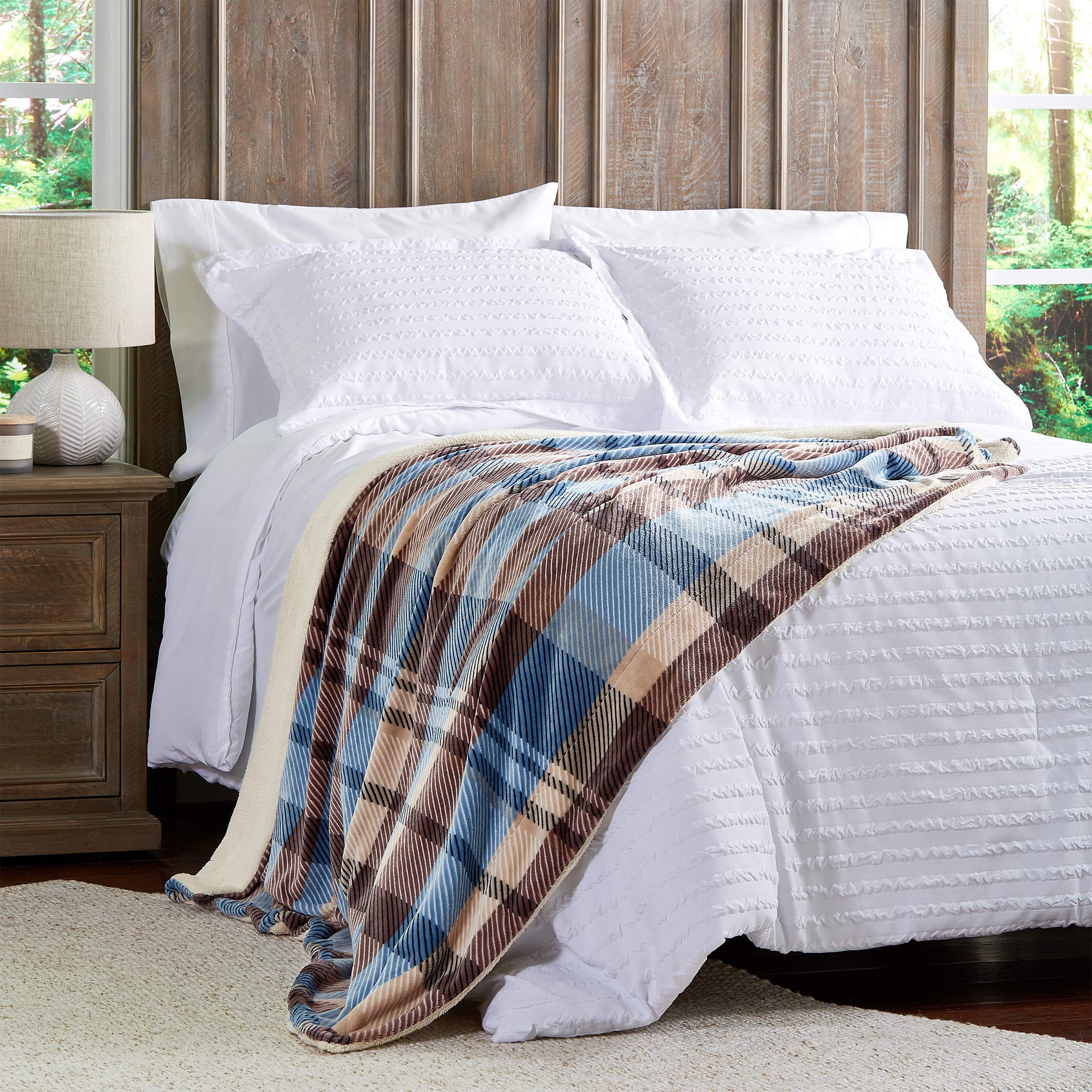 Lavish Home Poly Fleece Sherpa Throw Blanket - Oversized Plush Woven Polyester Sofa & Bed Blanket - Breathable, Machine Washable - Blue/Brown Plaid - Perfect for Cozy Nights, Movie Time & Home Decor