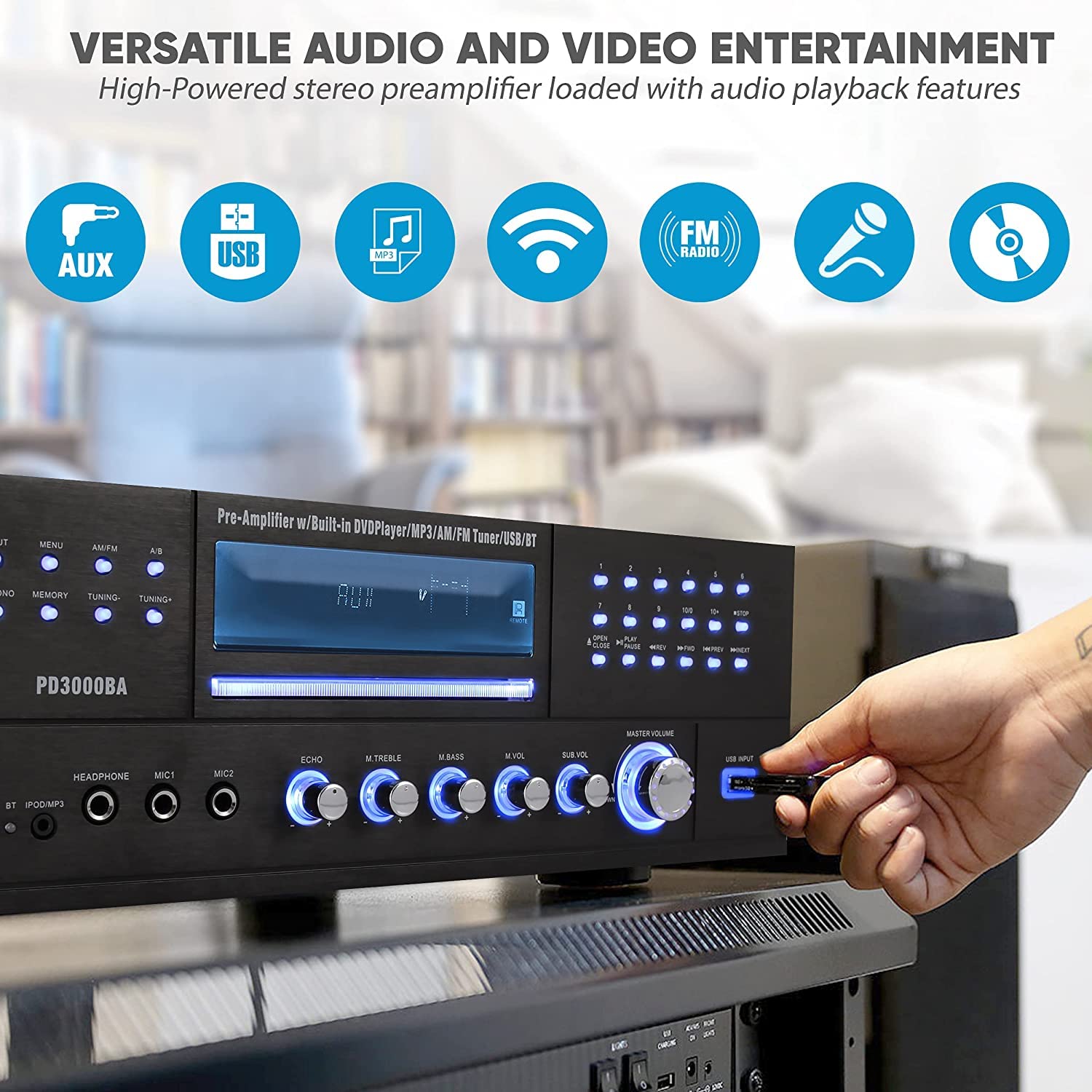 Pyle 4 Channel Wireless Bluetooth Amplifier - 3000W Peak Power Stereo Home Audio Receiver with FM Radio, USB, 2 Mic Inputs with Echo, HDMI & 24-Bit Decoder, Front-Loading CD/DVD Player, LED Display, Rack Mountable - Perfect for Home Theater, Karaoke Parties, and Professional DJ Setups