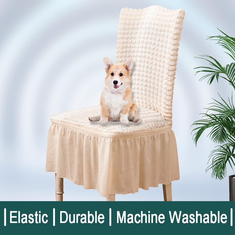 6-Piece Stretch Dining Chair Covers with Skirt - Washable & Removable Slipcovers for Kitchen, Home, Wedding - Protects from Kids & Pets (White) - Perfect for Everyday Use, Parties & Special Events