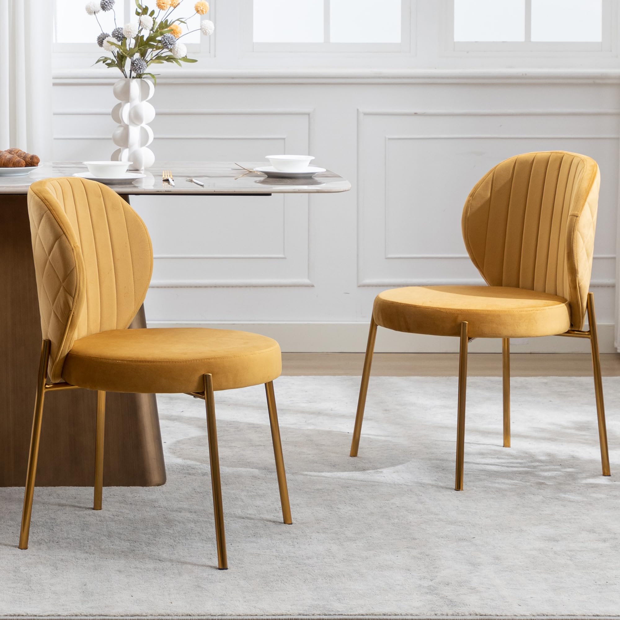 DAGONHIL Mid Century Modern Velvet Dining Chairs Set of 2 - Yellow Upholstered Vanity Chairs with Golden Metal Legs for Kitchen, Dining Room, Living Room & Bedroom - Perfect for Home Decor & Small Spaces (2PCS, Yellow)