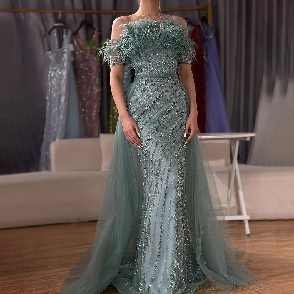 Luxury Dubai Saudi Arabic Beaded Caramel Mermaid Evening Gown with Overskirt - Elegant Formal Dress for Weddings, Galas & Special Occasions LA71634A