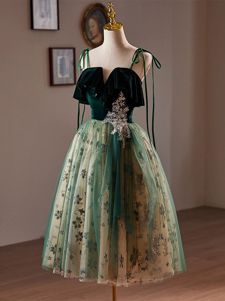 Elegant A-Line Tulle Sequin Velvet Green Short Prom Dress | Homecoming Party Dress for Teens | Perfect for Dances, Formals & Special Occasions