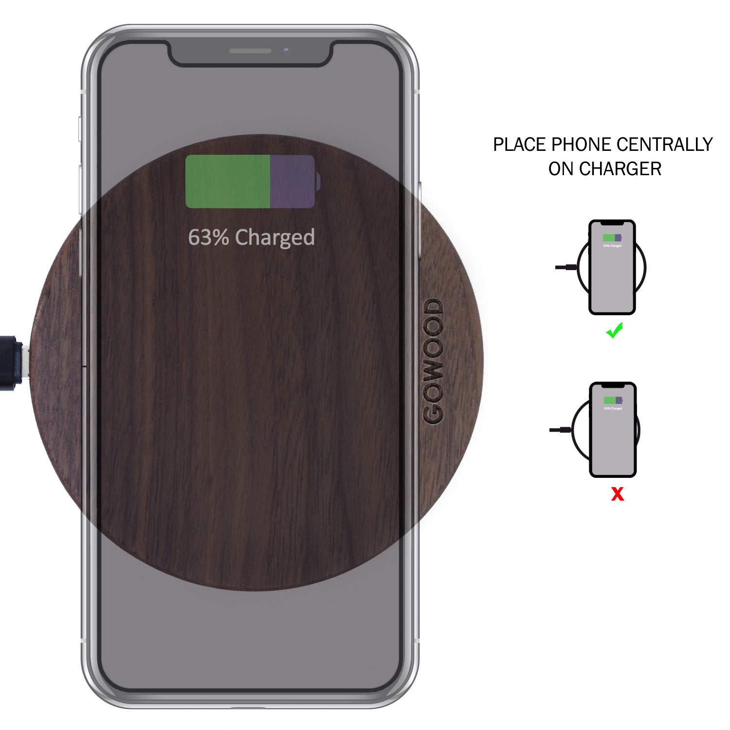 GOWOOD 15W Fast Wireless Charger - Walnut Wood Stand with 2m Durable USB-C Cable & LED Indicator - Qi Certified Charging Pad for iPhone 15/14/13/12, Samsung Galaxy S23/S22 - Perfect for Bedside, Office & Car Use