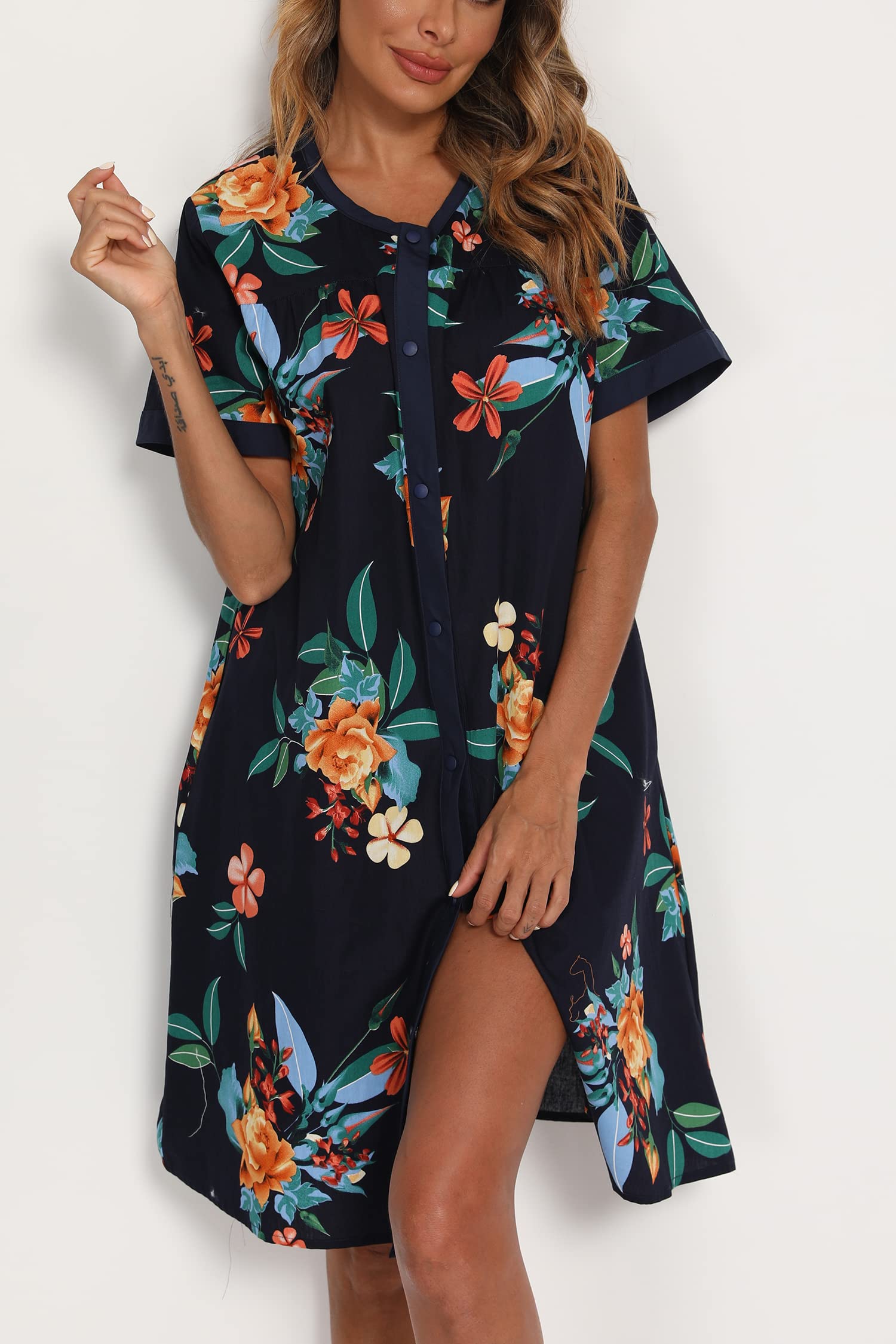 YOZLY Women's Short Sleeve House Dress - Comfortable Duster Robe with Pockets | Perfect for Lounging, Morning Coffee & Nightgown