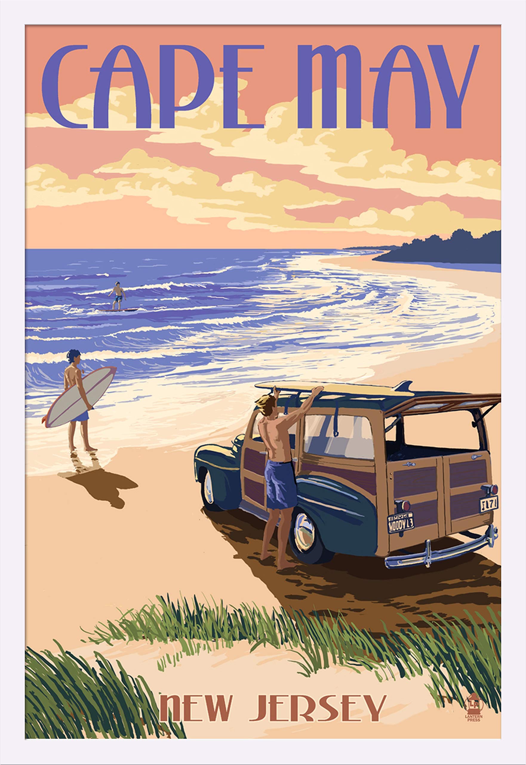 Woody On The Beach 45155 - Cape May New Jersey Giclee Art Print 24x36 - Gallery Framed White Wood Wall Decor for Living Room, Bedroom & Office