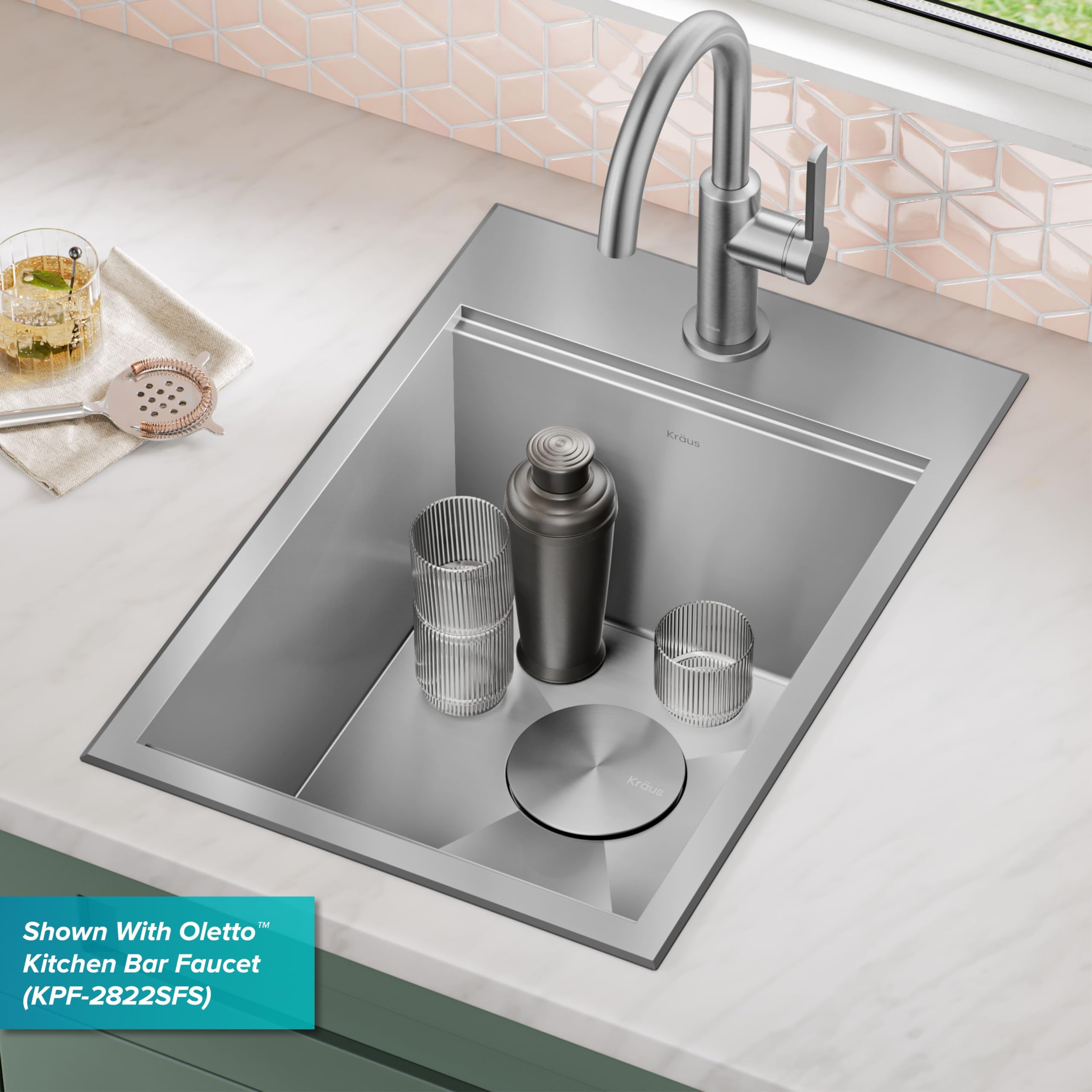 KRAUS Kore 15-Inch Drop-In/Top Mount Stainless Steel Kitchen Sink - 16 Gauge Single Bowl Bar Prep Sink with Accessories (Model KWT311-15) - Perfect for Small Kitchens, Bars & Food Prep Stations