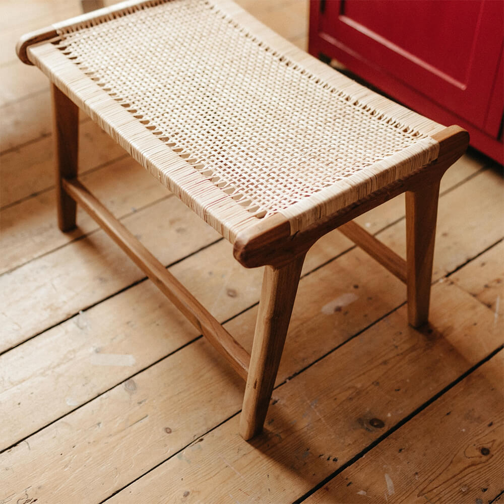 Madrisana Acacia and Rattan Footstool - Natural Wood Ottoman Stool with Woven Design for Living Room, Bedroom & Patio - Perfect Accent Stool for Home Decor