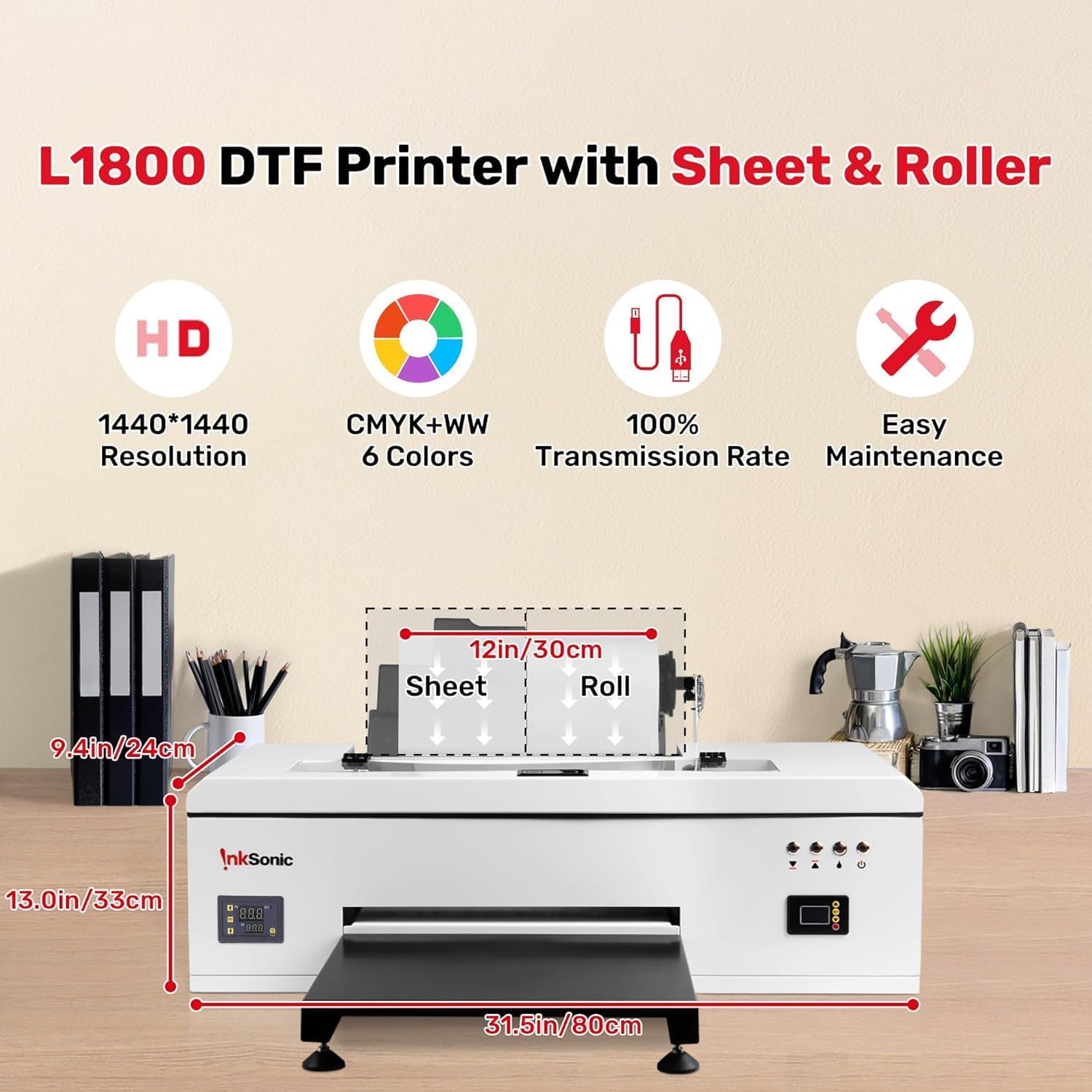 InkSonic L1800 A3 DTF Printer for T-Shirt Printing - White Ink System with Auto Cleaning | Direct to Film Transfer Machine with Built-in Oven & Heat Press (E13 Certified) - Perfect for Custom Apparel, DIY Projects & Small Business T-Shirt Production