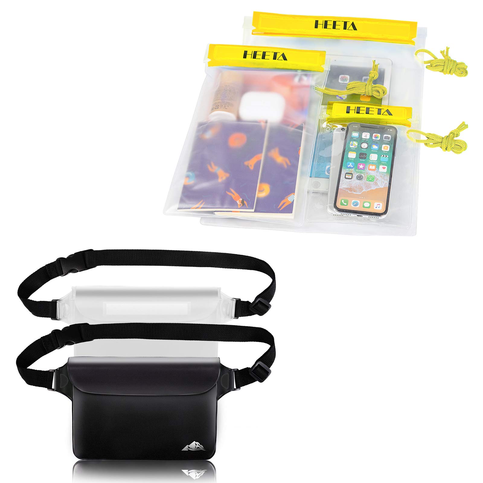 HEETA Waterproof Pouch - Touch Screen Sensitive Waterproof Phone Bag (Black & White) + 3-Pack Clear Dry Bags for Swimming, Beach, Kayaking & Outdoor Activities