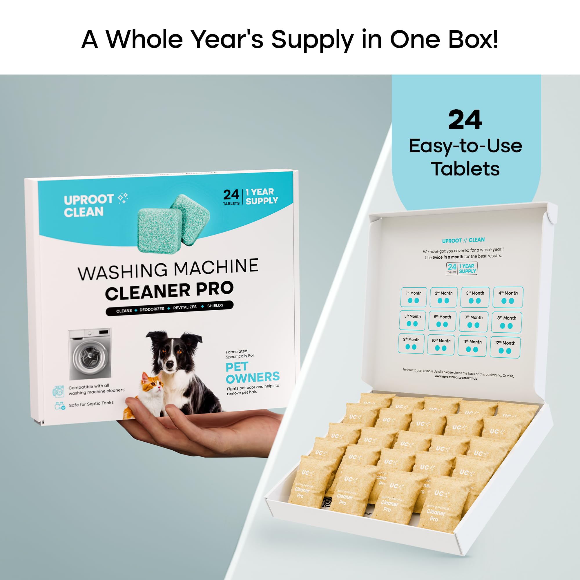 Uproot Clean Washing Machine Cleaner Tablets - 24 Pack (12 Month Supply) | HE, Top & Front Load Compatible | Removes Residue, Grime & Odors | Septic Safe & Pet-Friendly Formula | Perfect for Laundry Refresh & Deep Cleaning