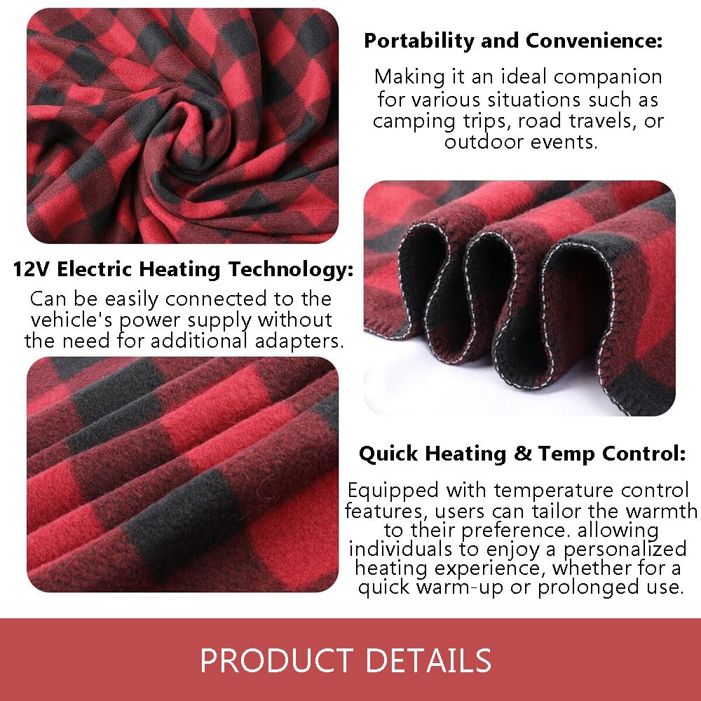 12V Heated Fleece Car Blanket with Adjustable Timer & 3 Heat Levels - Electric Travel Blanket for Cars, Trucks & Road Trips (Green Plaid) - Perfect for Winter Commutes, Camping & Cold Weather Comfort