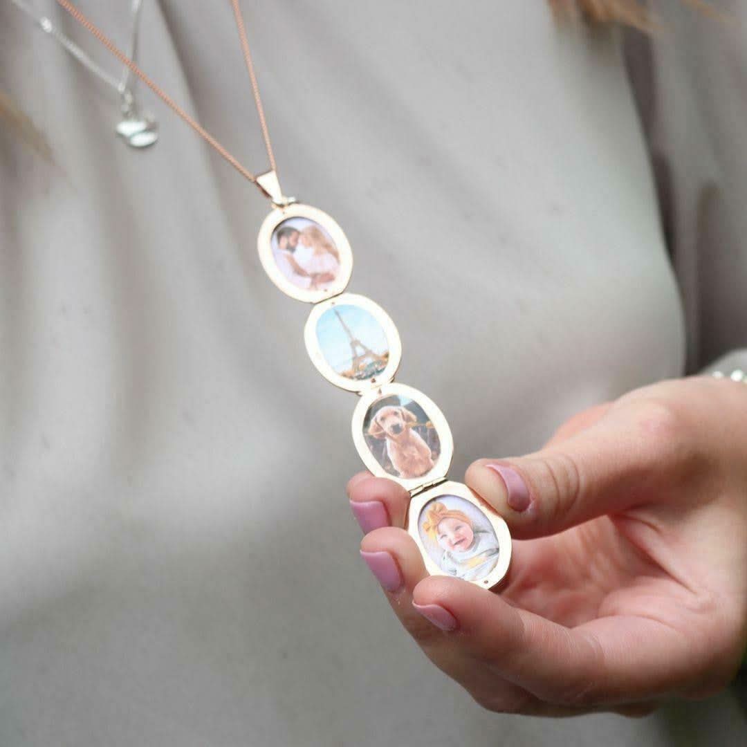 Rose Gold Four Picture Oval Locket Necklace - Perfect for Family Photos, Couples & Memorial Jewelry - Ideal for Gifts, Anniversaries and Special Occasions
