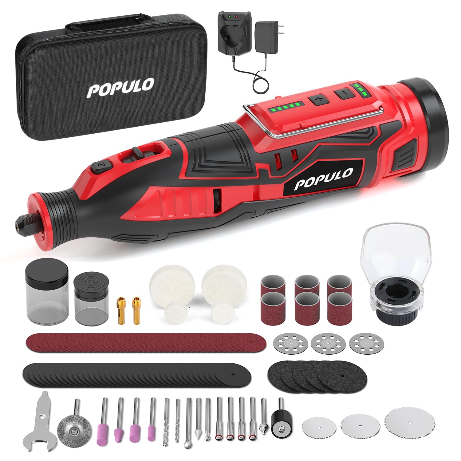 POPULO 12V Cordless Rotary Tool Kit with 114 Accessories - 5 Variable Speeds up to 32000RPM - Engraver, Sander, Polisher for DIY, Woodworking, Metal Crafting & Home Repair - Includes Safety Shield & Easy Change System