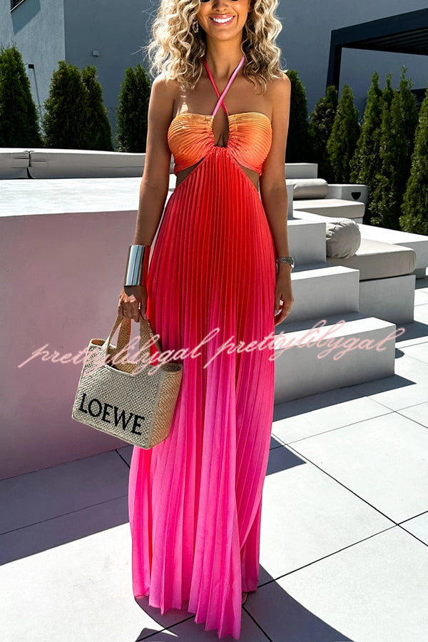 Beautiful Gradient Print Cutout Halterneck Pleated Maxi Dress for Women | Summer Beach Party & Evening Formal Wear