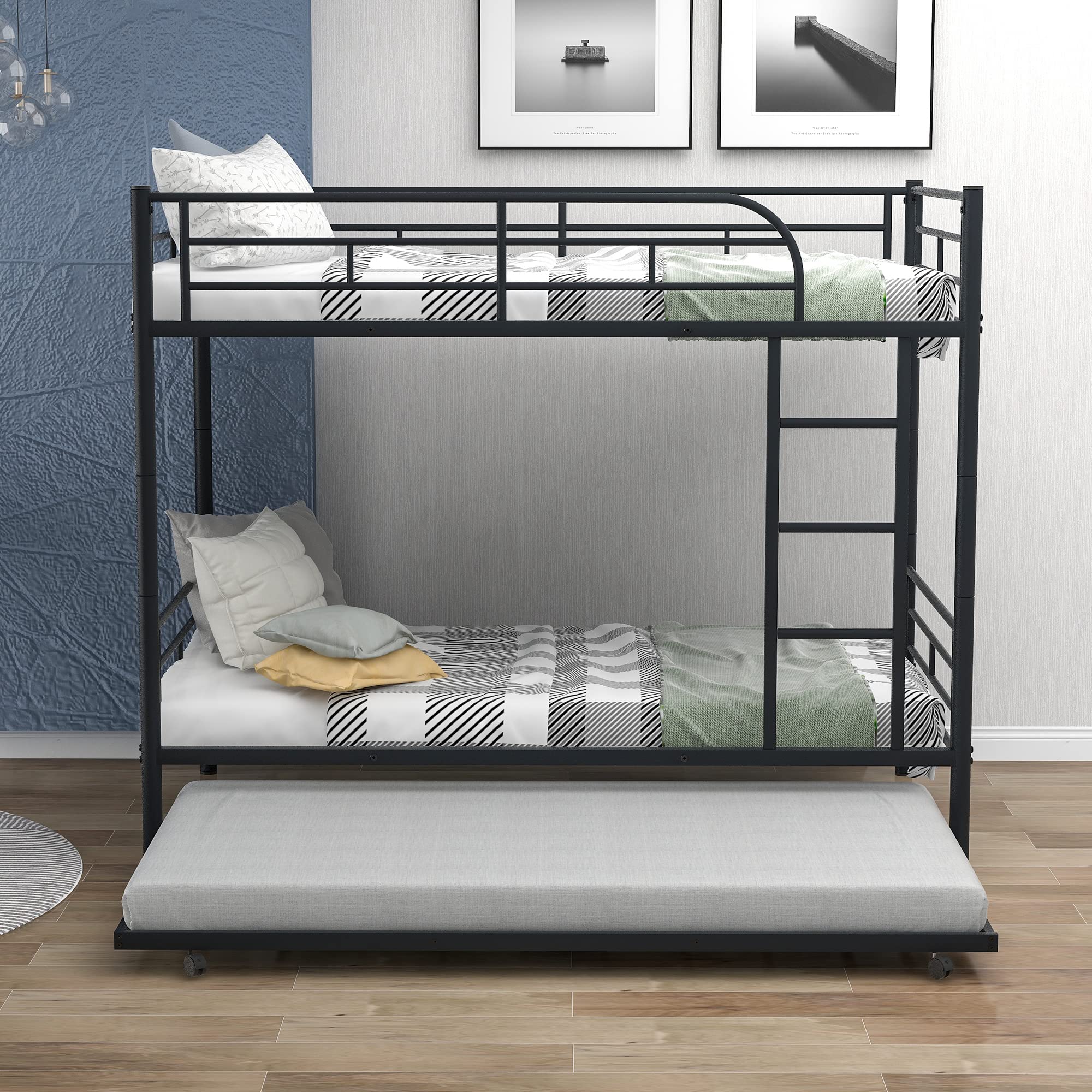 Merax Heavy Duty Twin Over Twin Metal Bunk Bed with Trundle & Removable Ladder - Converts to 2 Separate Beds, No Box Spring Required (Black) - Perfect for Kids' Rooms, Guest Rooms & Space-Saving Solutions