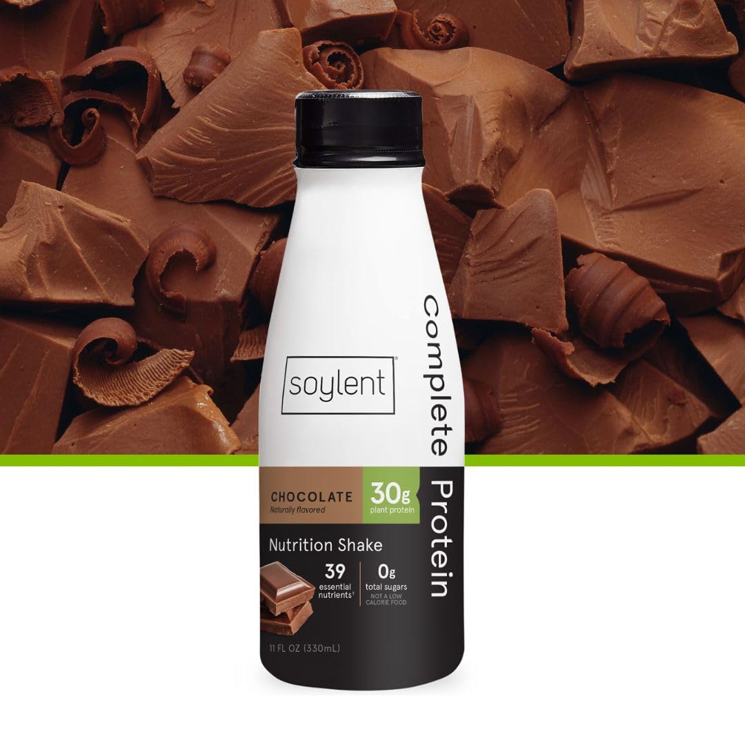 Soylent Complete Protein Shake - Chocolate Flavor, 30g Plant-Based Vegan Protein, Dairy Free, Zero Sugar, Ready-to-Drink Meal Replacement (11oz, 12 Pack) - Perfect for Post-Workout Recovery, Busy Professionals & On-the-Go Nutrition