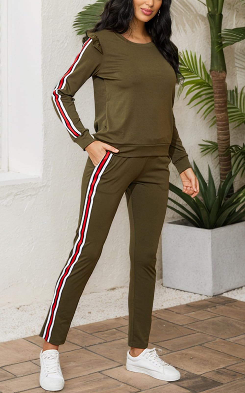 AKMIPOEM Women's 2-Piece Outfit - Ruffle Sleeve Sweatshirt & Jogger Pants Lounge Set | Casual Tracksuit for Workout, Yoga, Running & Streetwear Fashion
