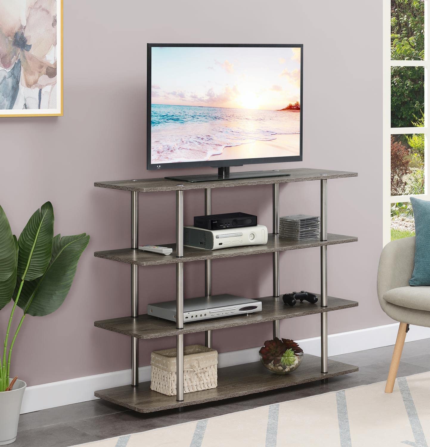 Convenience Concepts Designs2Go No Tools XL Highboy 4-Tier TV Stand Entertainment Center - 55 Inch Modern TV Console with Open Shelves for Living Room & Family Room - 47.25