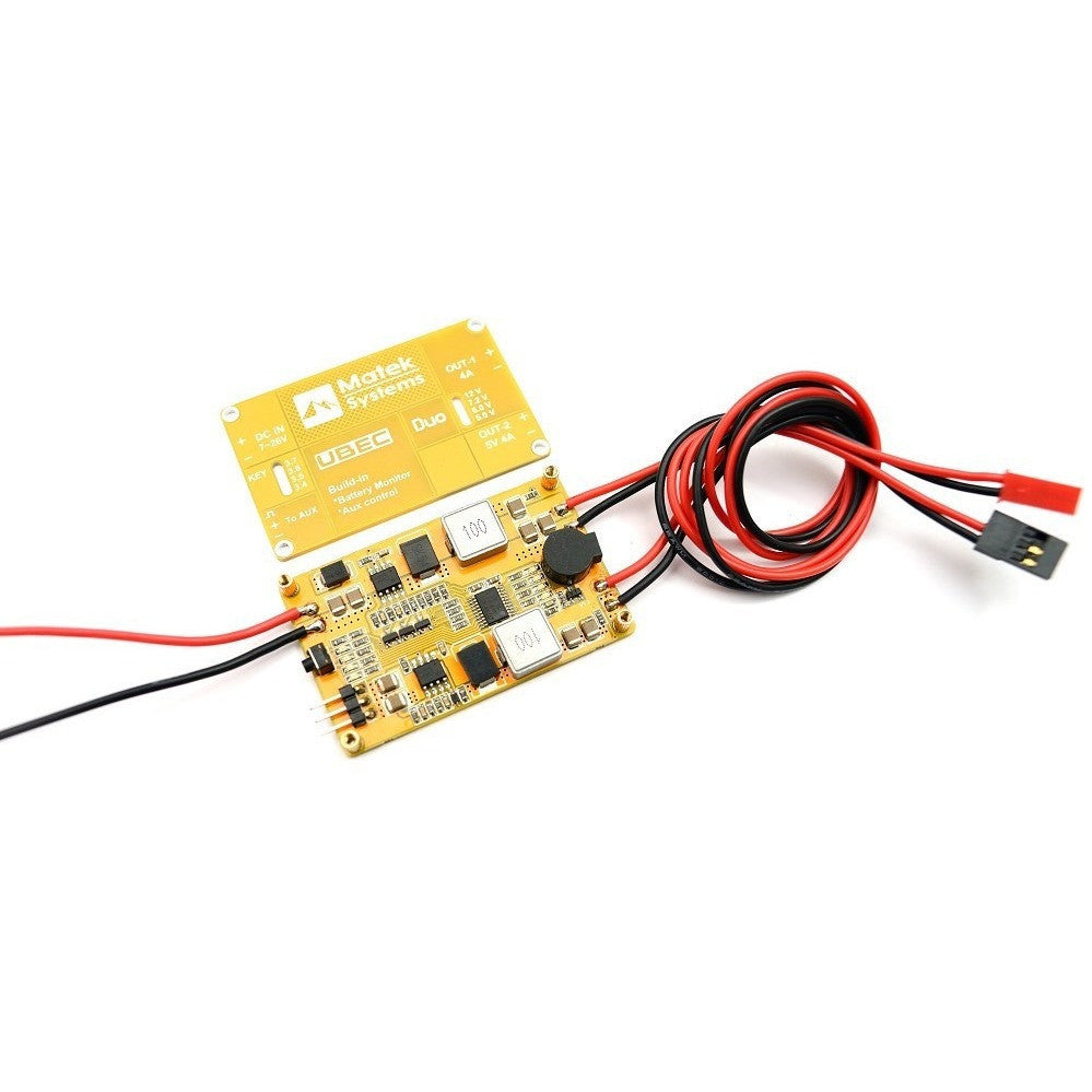 Matek UBEC Duo 4A/5-12V Dual Output BEC with Auxiliary Channel Switch & Low Voltage Alarm for RC Drones, FPV, and DIY Electronics Projects