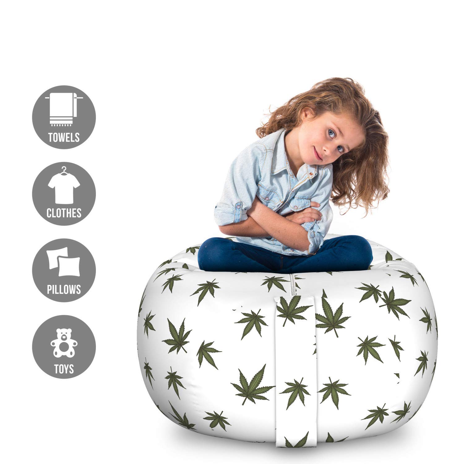 Ambesonne Large Storage Toy Bag Chair with Botanical Leaves & Flowering Plant Design, Dark Green & White Hemp Pattern, Washable Stuffed Animal Organizer - Perfect for Kids' Room, Nursery, Playroom & Dorm Organization