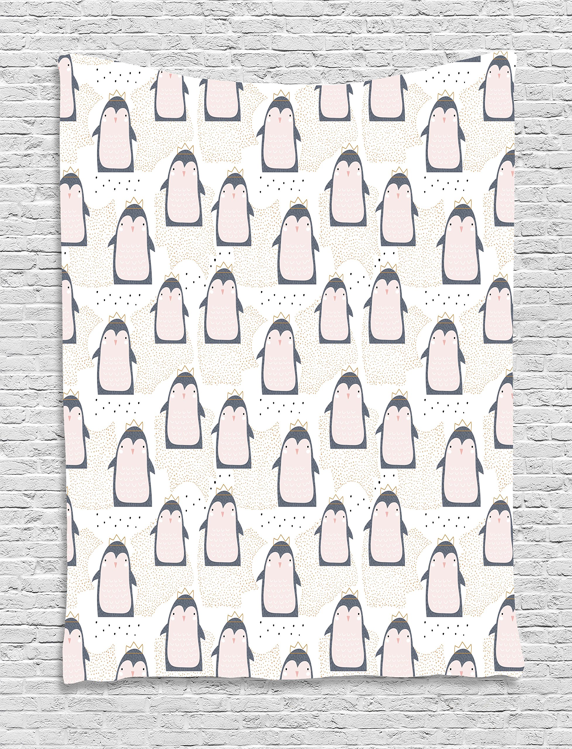 Ambesonne Penguin Tapestry - Pastel Cartoon Antarctic Animals with Crowns on Dotted Background | 40x60 Inch Grey Pink Wall Hanging Decor for Bedroom, Living Room, Dorm | Perfect for Nursery, Kids Room & Winter Themed Decorations