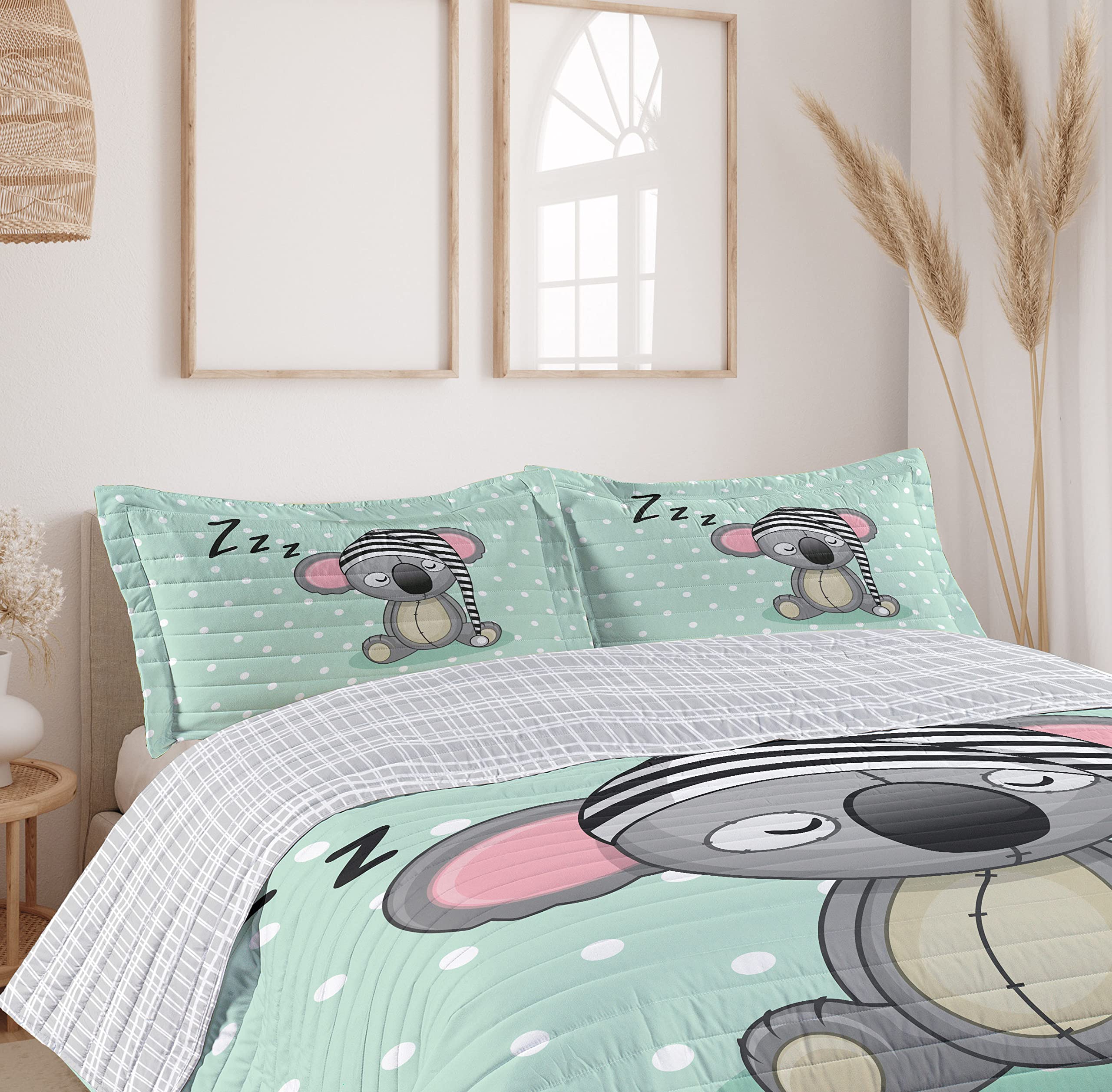 Ambesonne Koala Reversible King Size Bedspread Set - Mint Green Grey Pink Microfiber Comforter with Pillow Shams, Playful Polka Dot & Striped Hat Design - Perfect for Kids' Bedrooms, Nursery Decor, and Cozy Animal-Themed Bedding