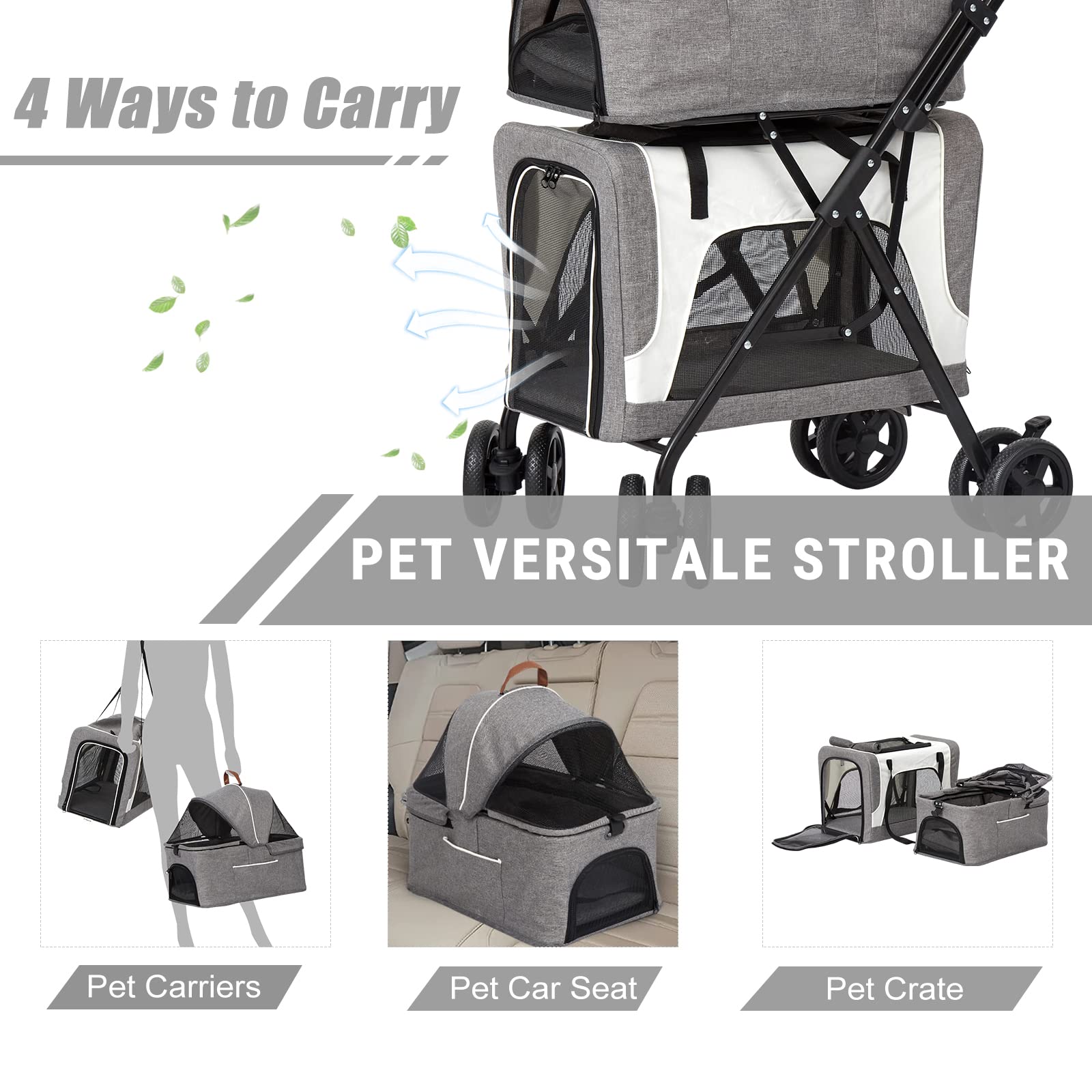 Premium 2-in-1 Pet Stroller for Small Dogs & Cats - Double Pet Carrier with Detachable Jogging Wheels, Safety Belt & Storage Pockets | Perfect for Outdoor Walks, Jogging, Vet Visits & Shopping Trips (Grey)