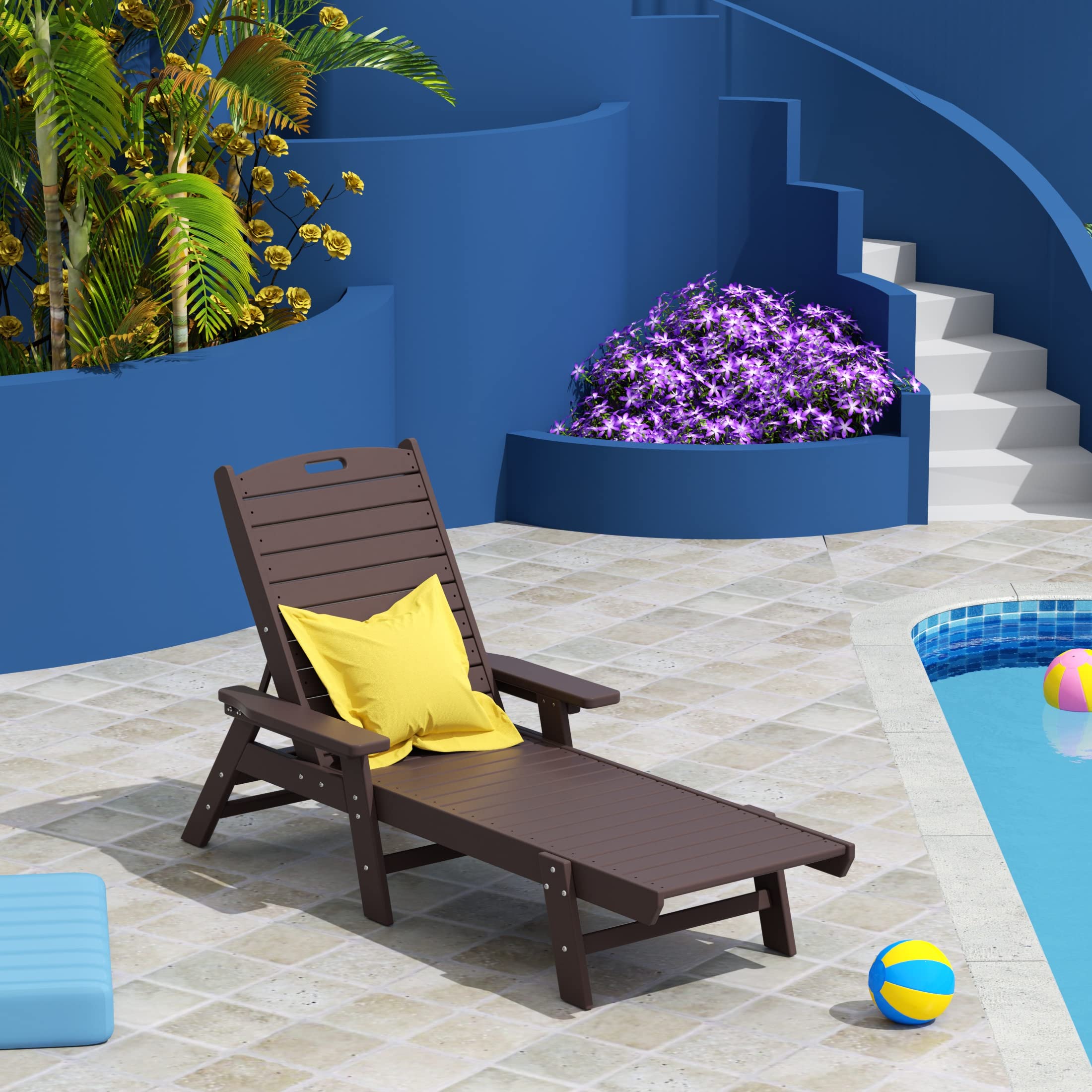 Premium HDPE Adirondack Reclining Chaise Lounge - Durable Poly Lumber Outdoor Chair with Armrests | UV & Weather Resistant for Patio, Backyard, Beach, Poolside | Perfect for Relaxing, Sunbathing & Outdoor Entertaining (Dark Brown)