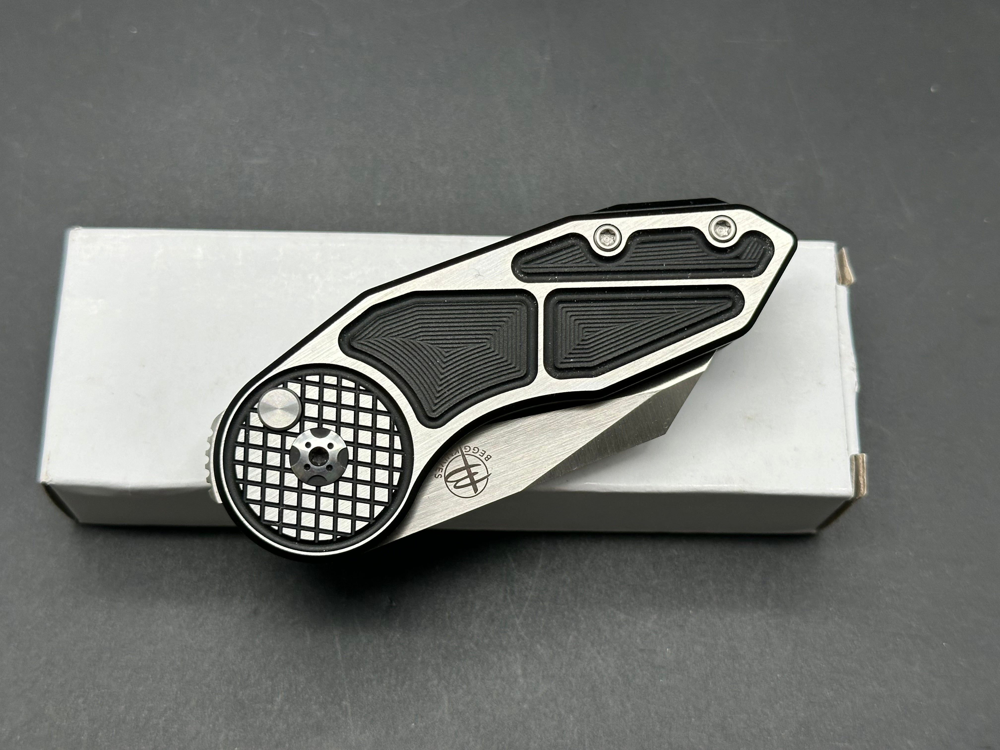 Begg Knives Micro Burst Checkered Button Lock Folding Pocket Knife - Gray Aluminum/Black G10 Handle - EDC, Outdoor, Camping & Everyday Carry