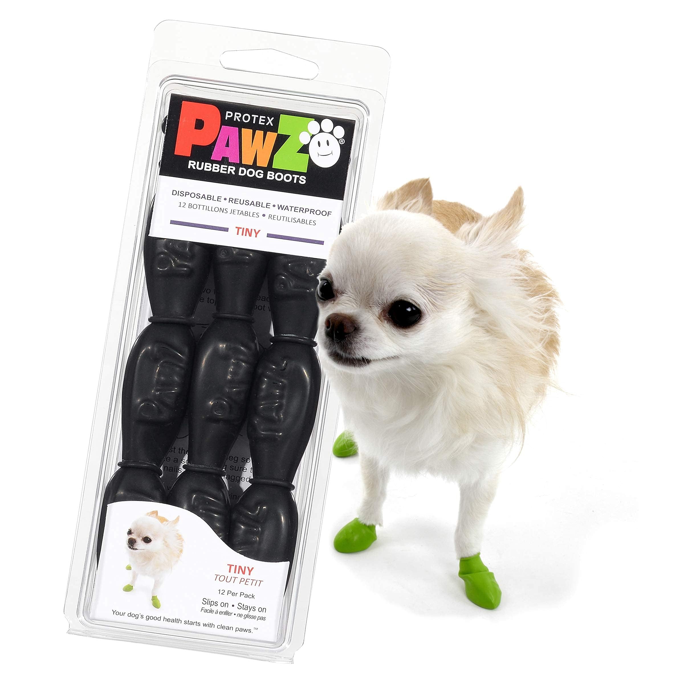 PawZ Dog Boots Tiny - 24 Pack Green & Black Waterproof Pet Shoes for Small Dogs - Perfect for Walking, Hiking & Winter Protection