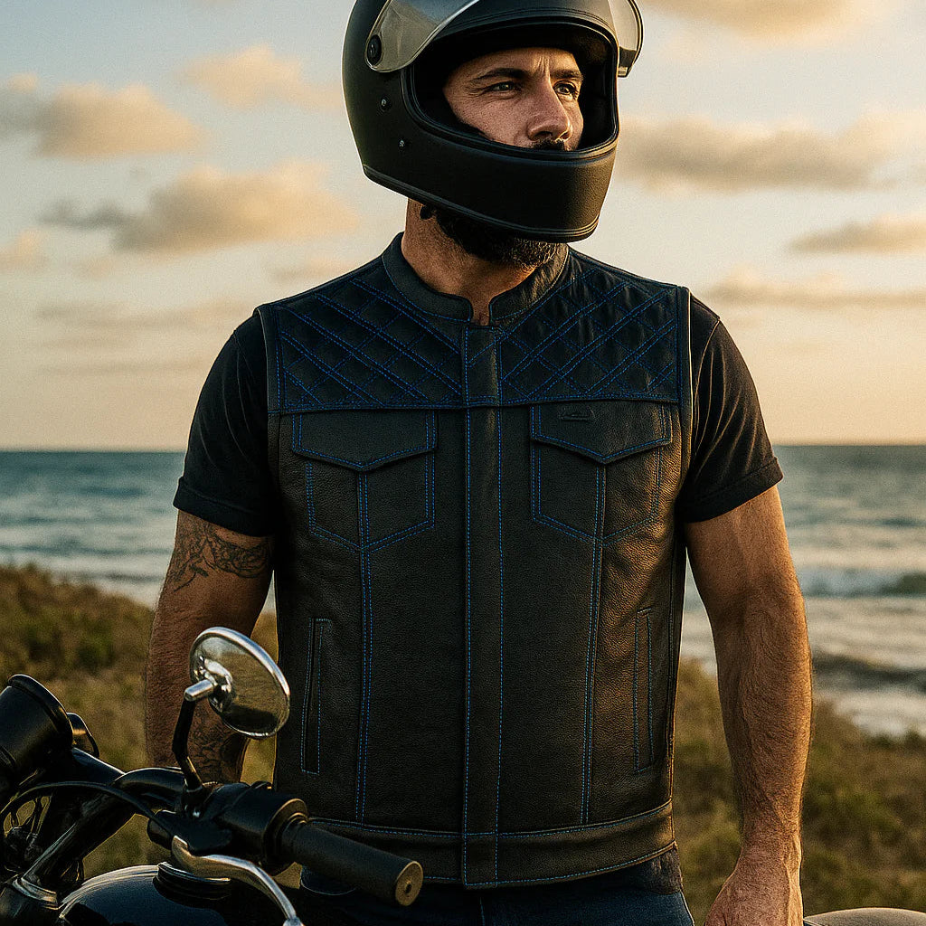 Open Road Men's Upside Leather Vest with Blue Stitched Diamonds - Stylish Biker Jacket for Motorcycle Riding & Casual Outfits