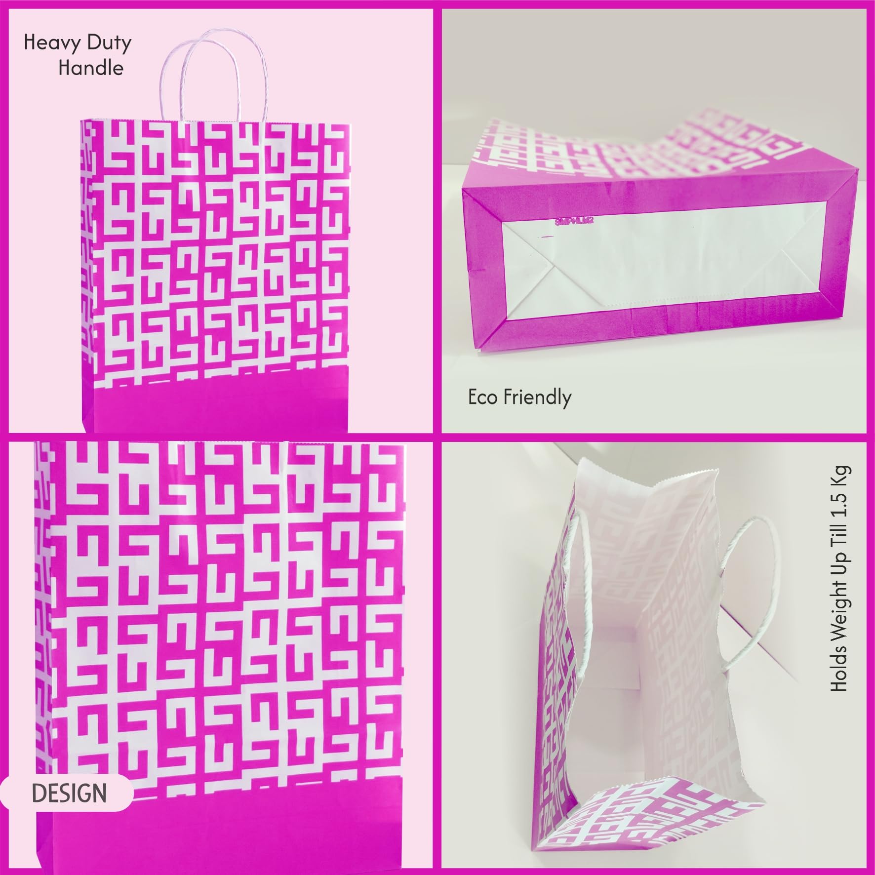Eco-Friendly Pink Printed Paper Bags - 12 Pack Premium 90 GSM Gift Bags for Diwali, Weddings, Birthdays, Party Favors, Thank You Gifts | Perfect for Goodie Bags, Return Gifts & Special Occasions