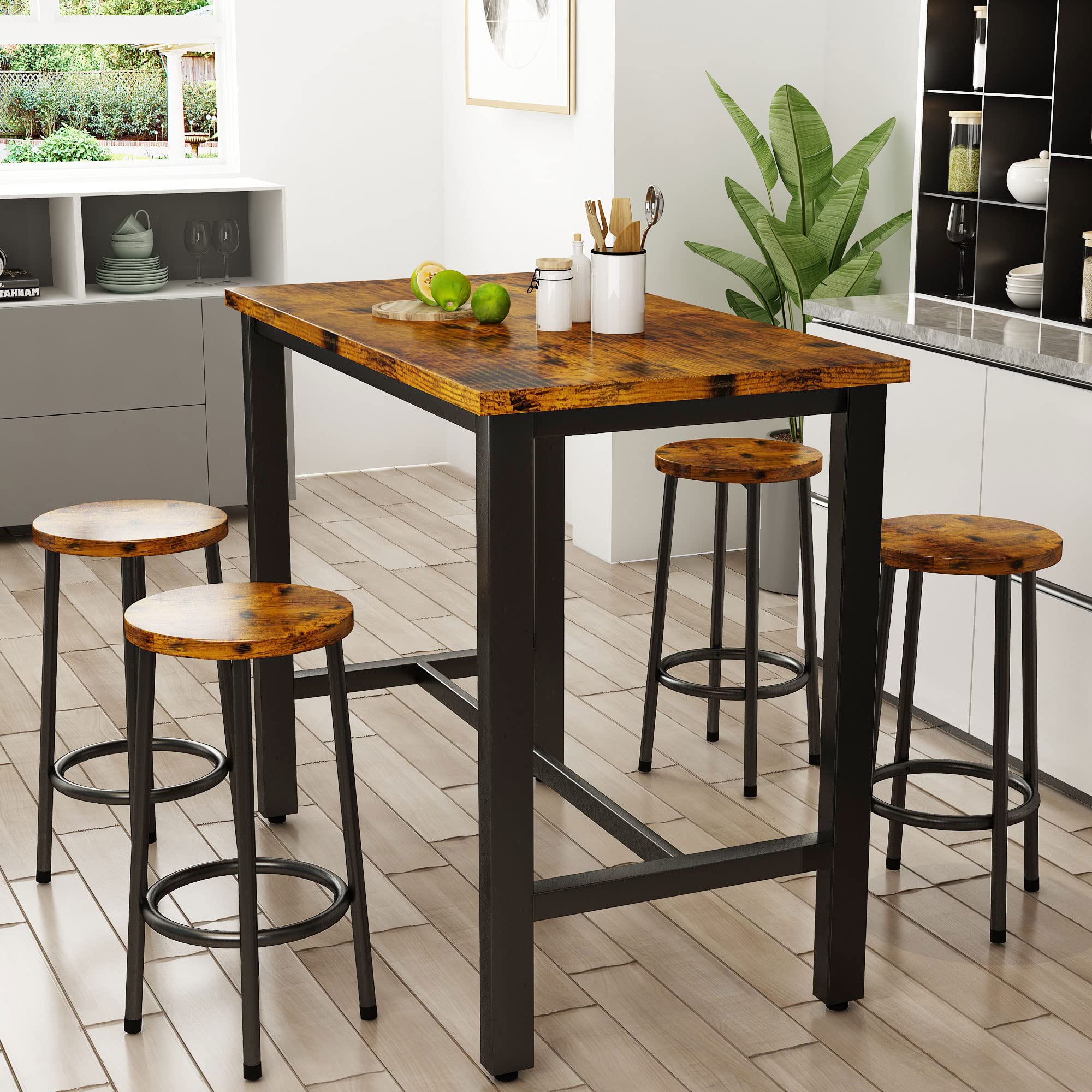 AWQM 4-Piece Industrial Counter Height Dining Table Set with Stools - Brown Kitchen Breakfast & Pub Table for Living Room, Bar, Restaurant & Home Decor