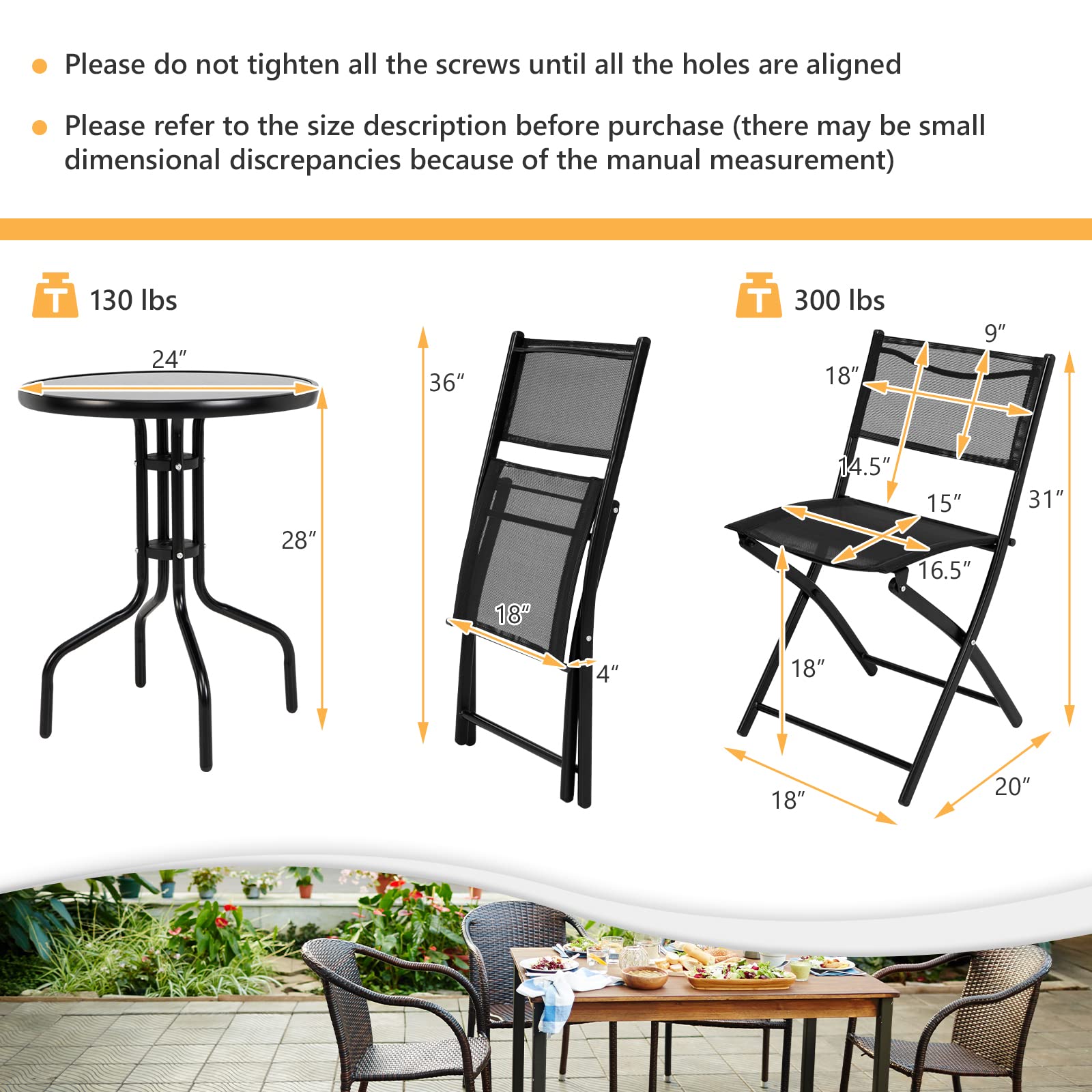 HappyGrill 3-Piece Bistro Set - Round Coffee Table & 2 Folding Chairs for Outdoor Dining - Perfect for Balcony, Garden, Backyard, Patio & Small Spaces