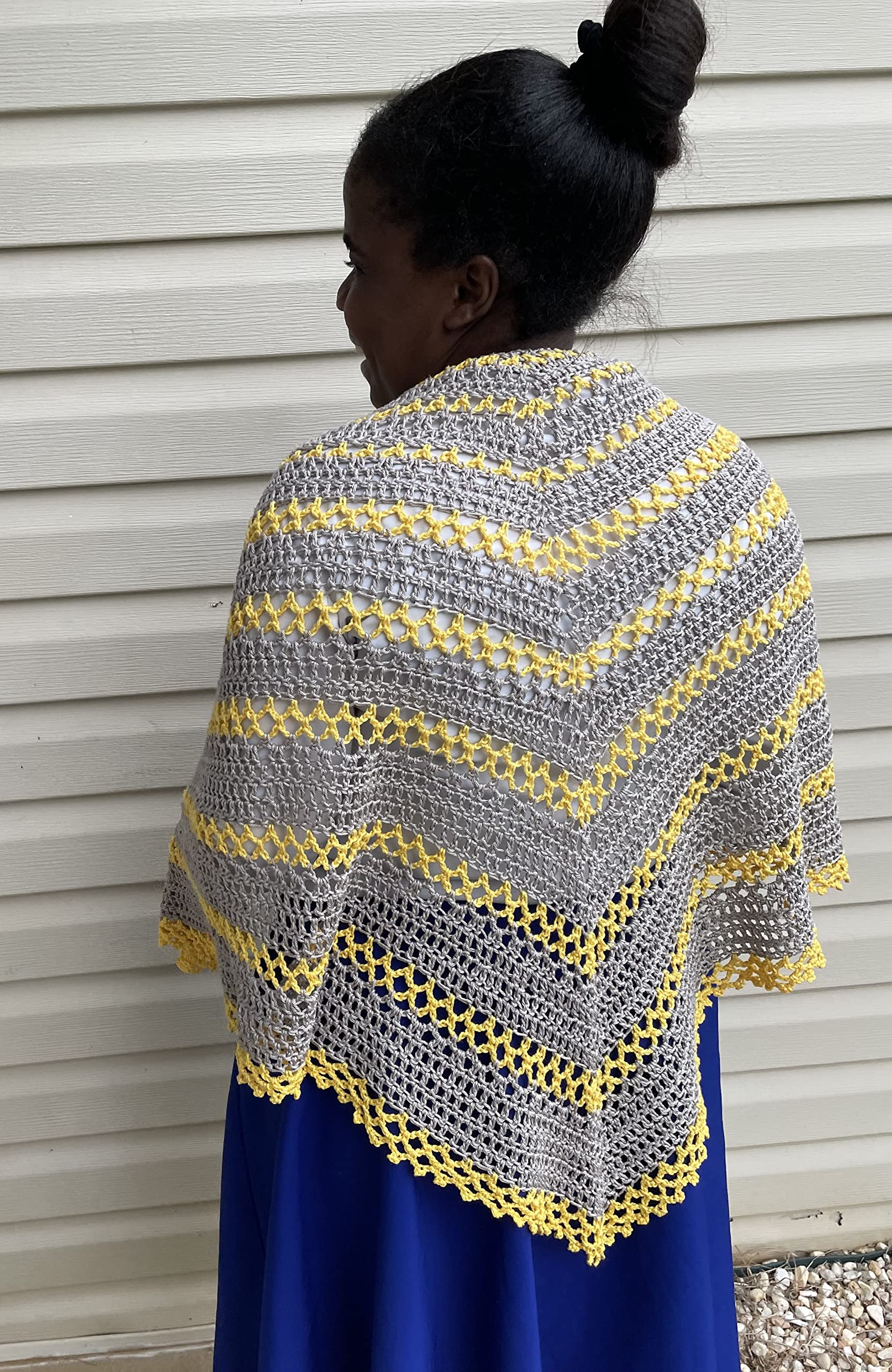 Gray and Yellow Striped Lacy Crochet Shawl - Large Triangle Wrap Scarf with Mesh Lace Design, 100% Pure Cotton - Perfect for Beach Cover-Up, Boho Fashion & Evening Events