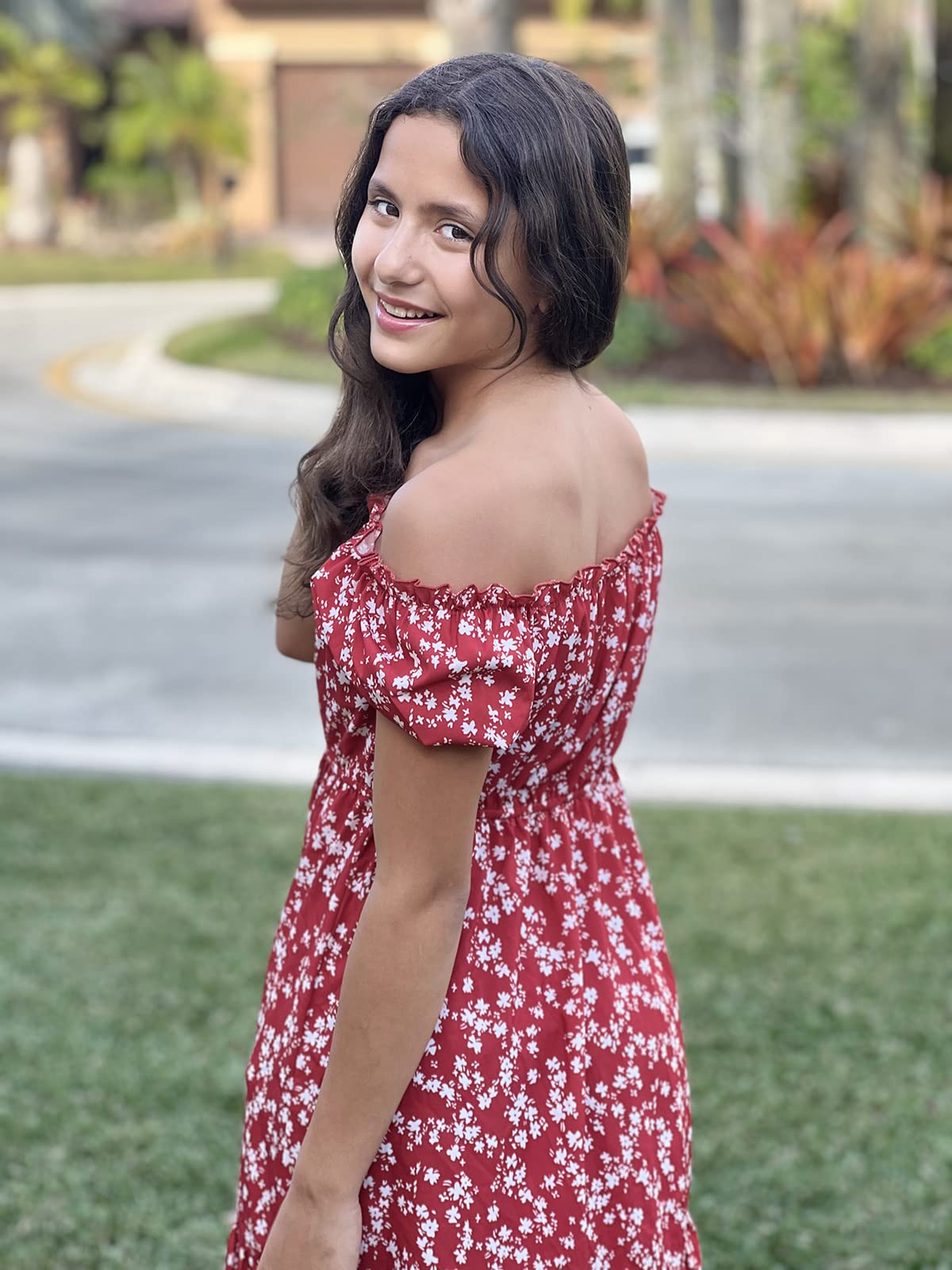 **Girls Summer Floral Dress - Square Neck Puff Sleeve A-Line Midi Dress for Kids | Perfect for Beach, Party & Casual Outings**