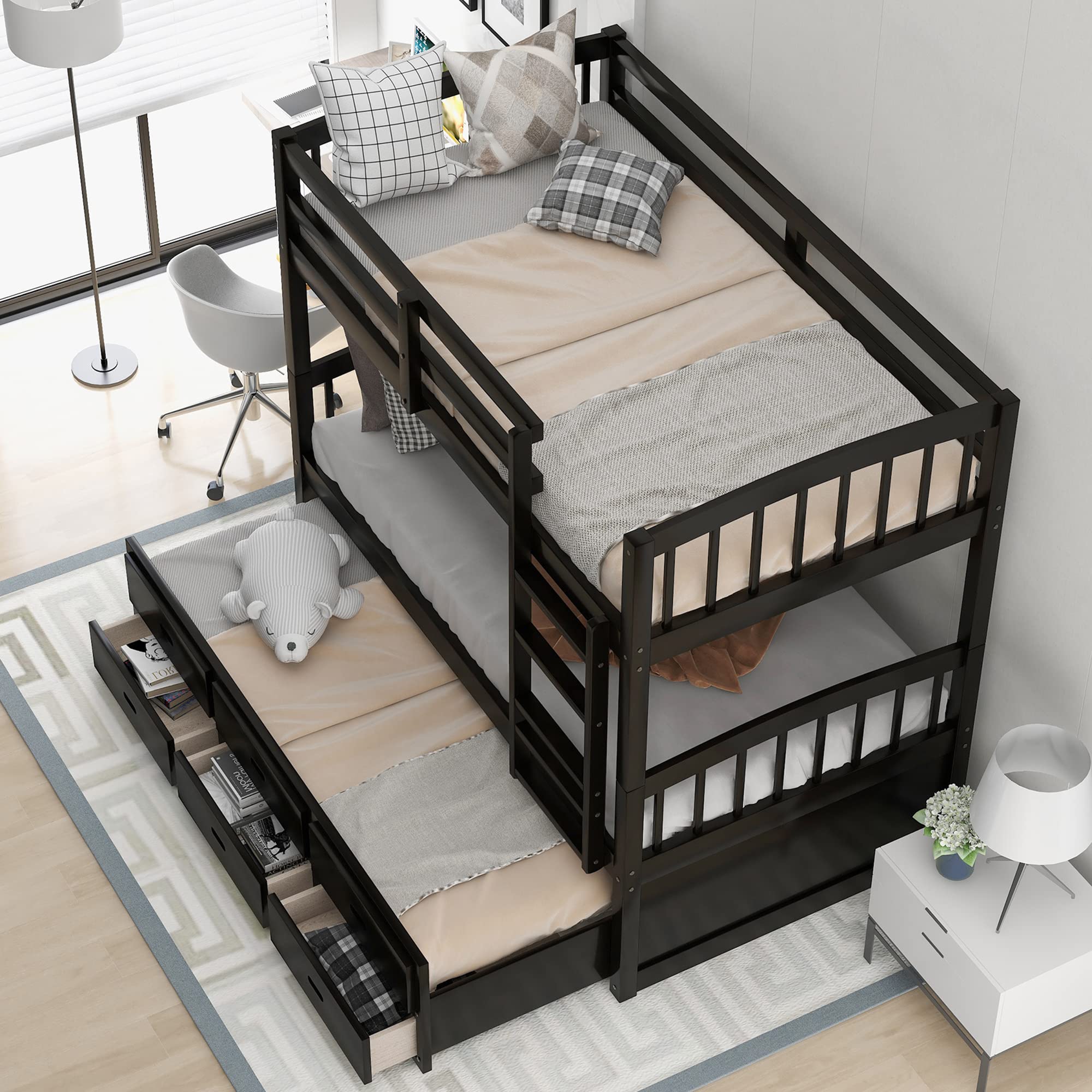 P PURLOVE Twin Over Twin Bunk Bed with Trundle & Storage Drawers - Solid Wood Detachable Bunk Bed Converts to 2 Twin Daybeds - Space Saving Kids Bedroom Furniture for Small Rooms, Guest Rooms & Vacation Homes