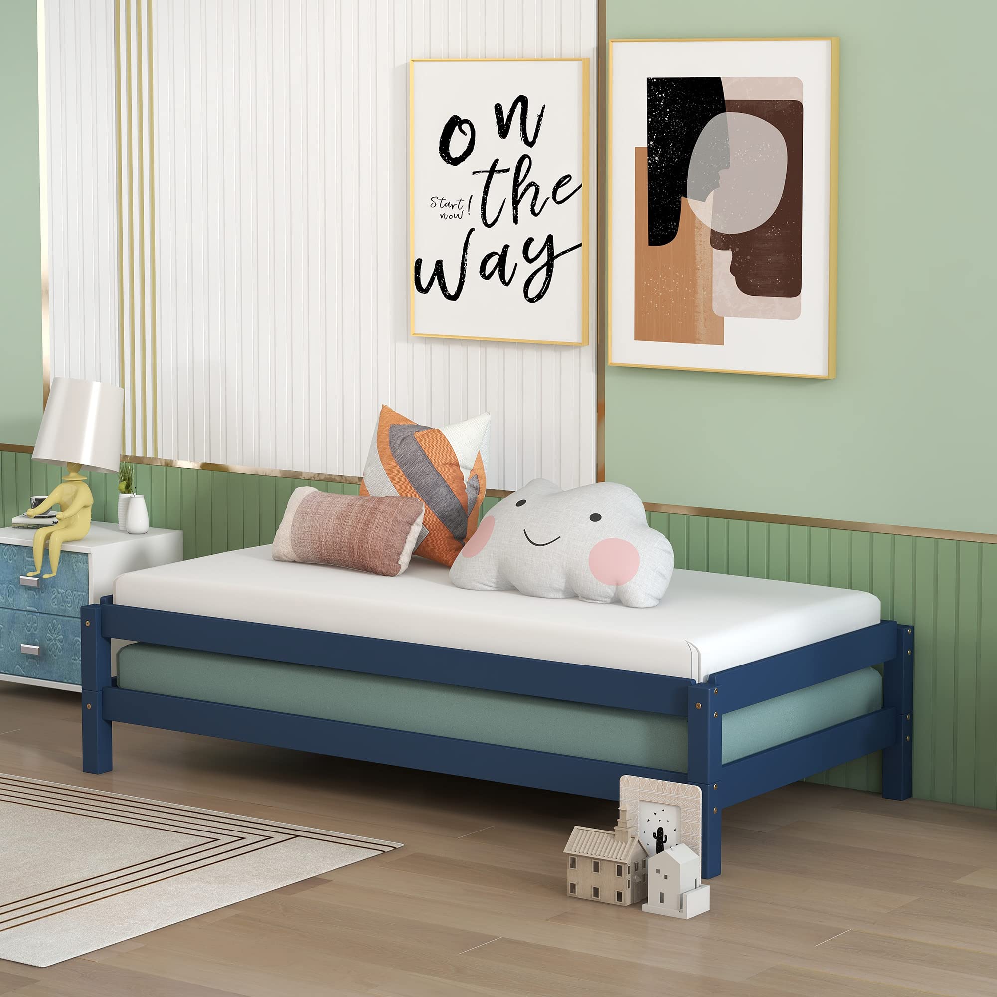 Harper & Bright Designs Solid Wood Twin Bed Frame - Double Platform Daybed, Stackable for Bedroom & Living Room Furniture (Blue) | Perfect for Guest Rooms, Kids' Rooms & Small Spaces