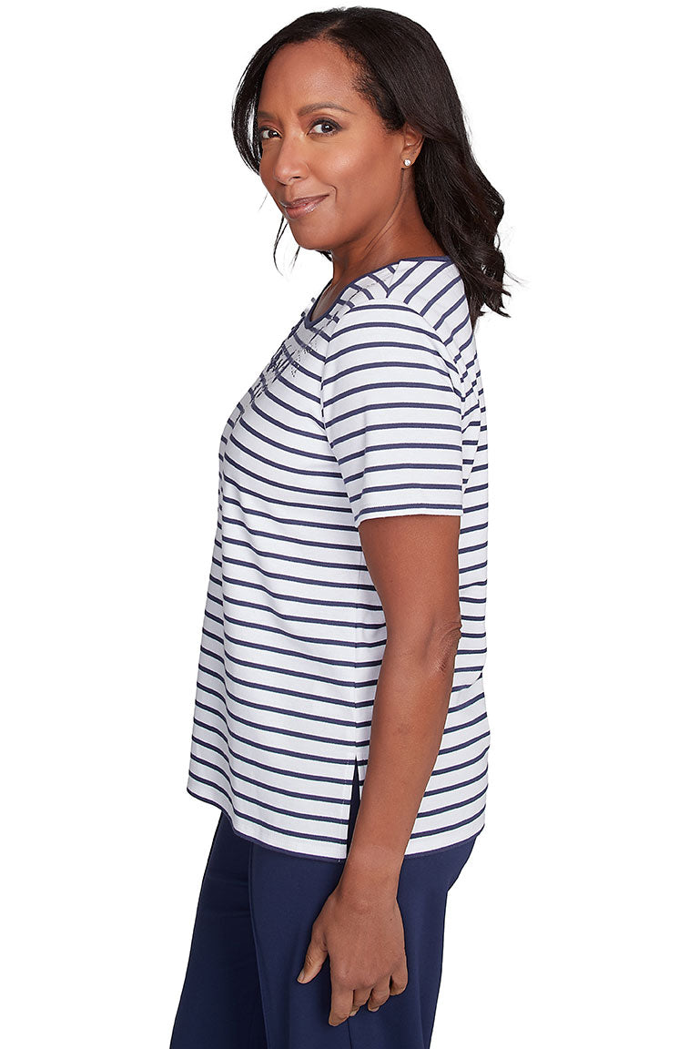 Nantucket Striped Rhinestone Floral T-Shirt for Women - Casual Summer Blouse with Sparkling Rhinestones - Perfect for Beach Vacations and Outdoor Parties