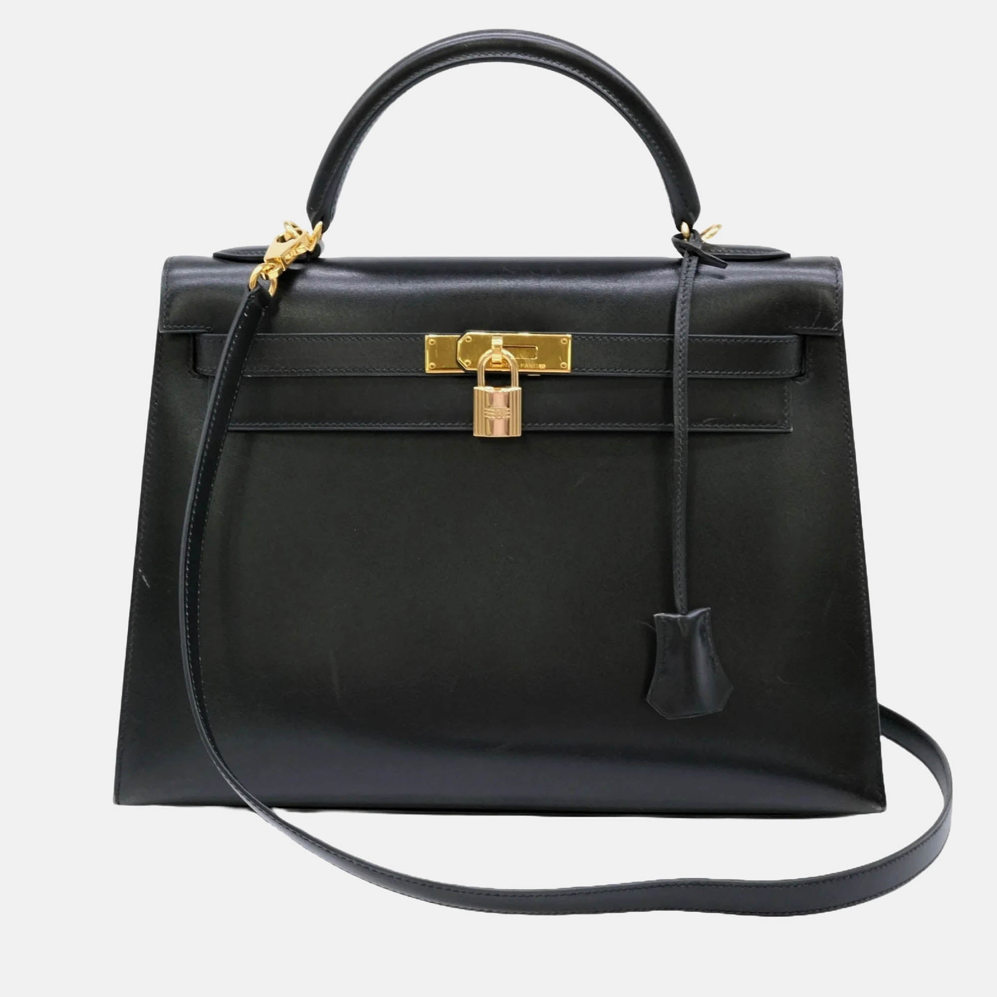 Luxury Black Box Calf Leather Kelly 32 Handbag for Women | Designer Shoulder Bag | Perfect for Work, Parties & Special Occasions