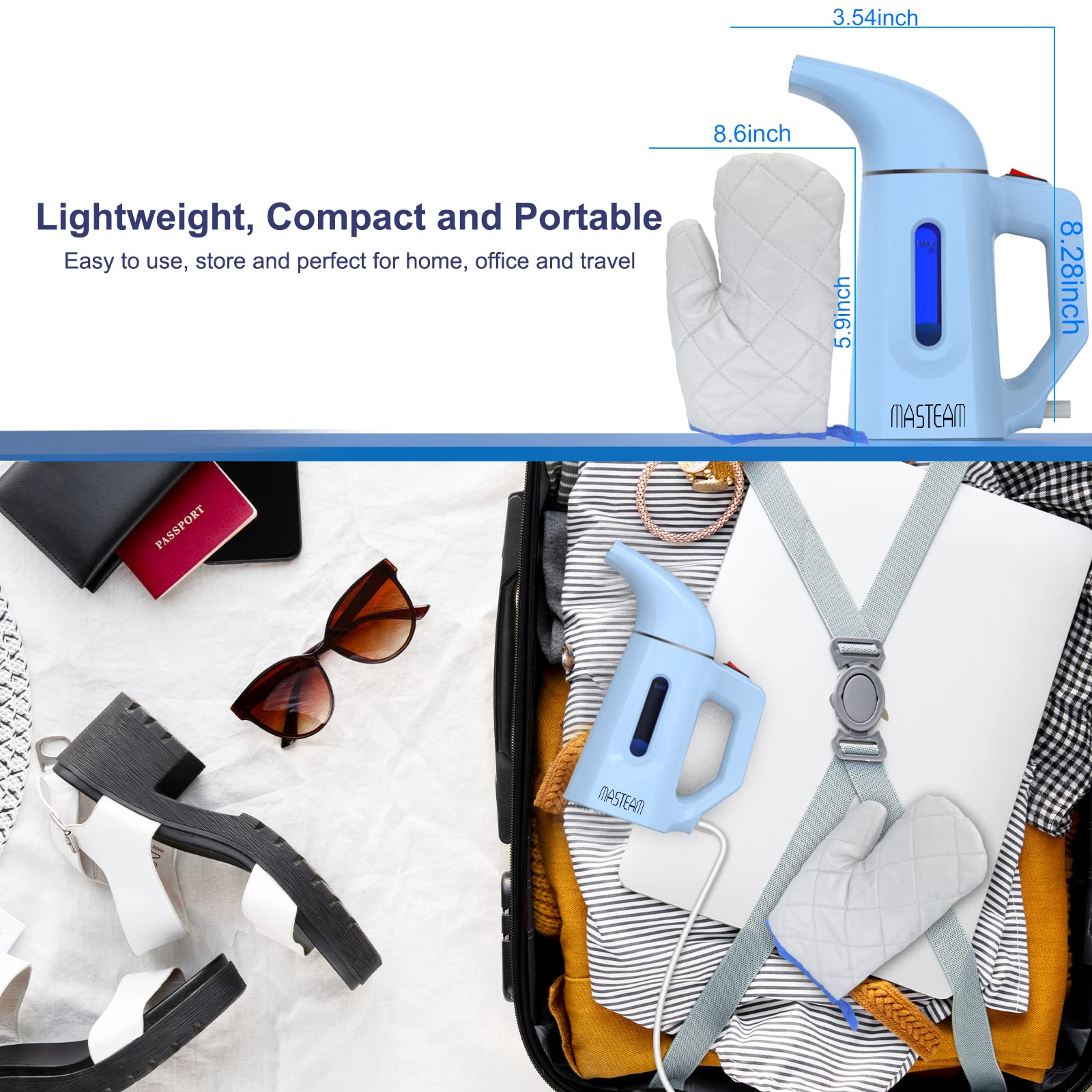 Portable Handheld Garment Steamer - 180ML Compact Clothes & Hat Steamer with Auto Shut-Off for Home, Travel & Office Use | Quick Wrinkle Remover for Shirts, Dresses & Suits (Blue, Model H009)