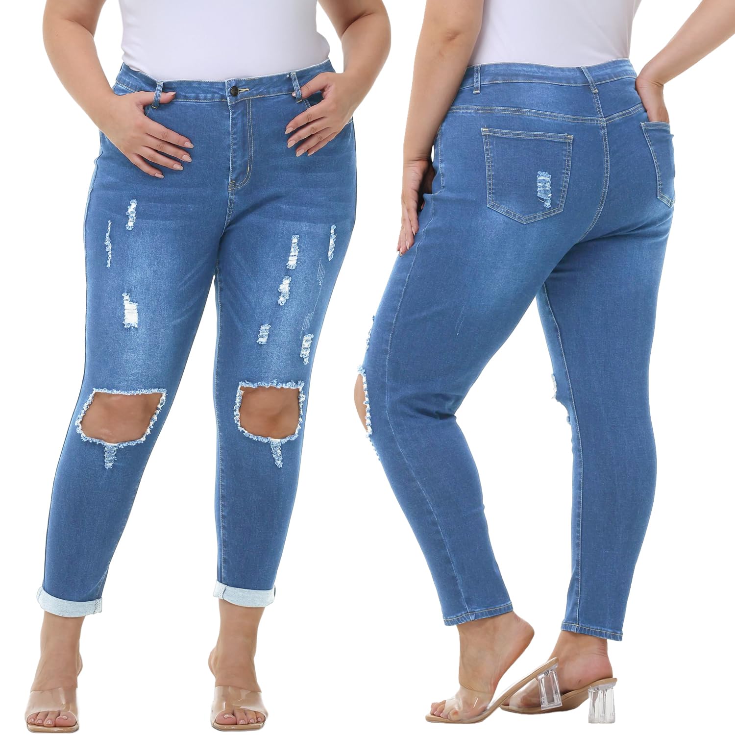 Tulucky Women's Plus Size Boyfriend Jeans - Distressed Ripped Denim Pants with Stretch for Comfort | Skinny Fit Casual Wear for Everyday Outfits
