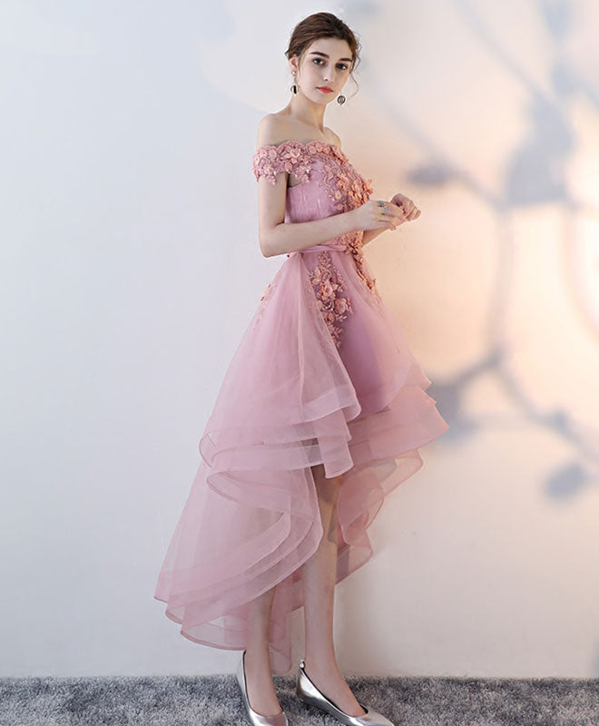 Elegant Pink Lace High-Low Prom Dress for Women | Formal Homecoming Gown | Perfect for Prom Night, Graduation & Special Occasions