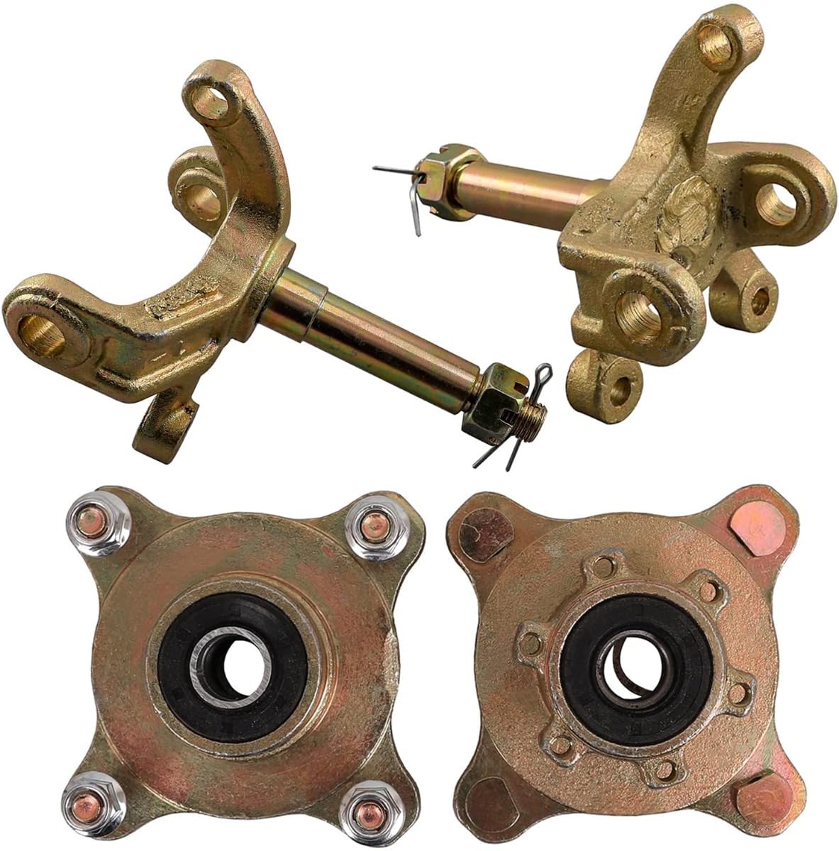 Go Kart 4 Stud Front Wheel Rim Hub Steering Spindle Knuckle Kit with Hydraulic Brake Caliper & Master Cylinder Assembly - Compatible with ATV, Buggy, Golf Cart, Quad, 4 Wheelers & Tricycle - Perfect for DIY Repairs & Off-Road Upgrades