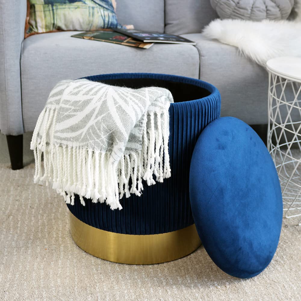 Blue Velvet Round Storage Ottoman Set of 2 - Gold Accent Ottoman Chairs for Living Room & Bedroom | Modern Footrest with Hidden Storage | Perfect for Small Spaces, Home Decor & Extra Seating