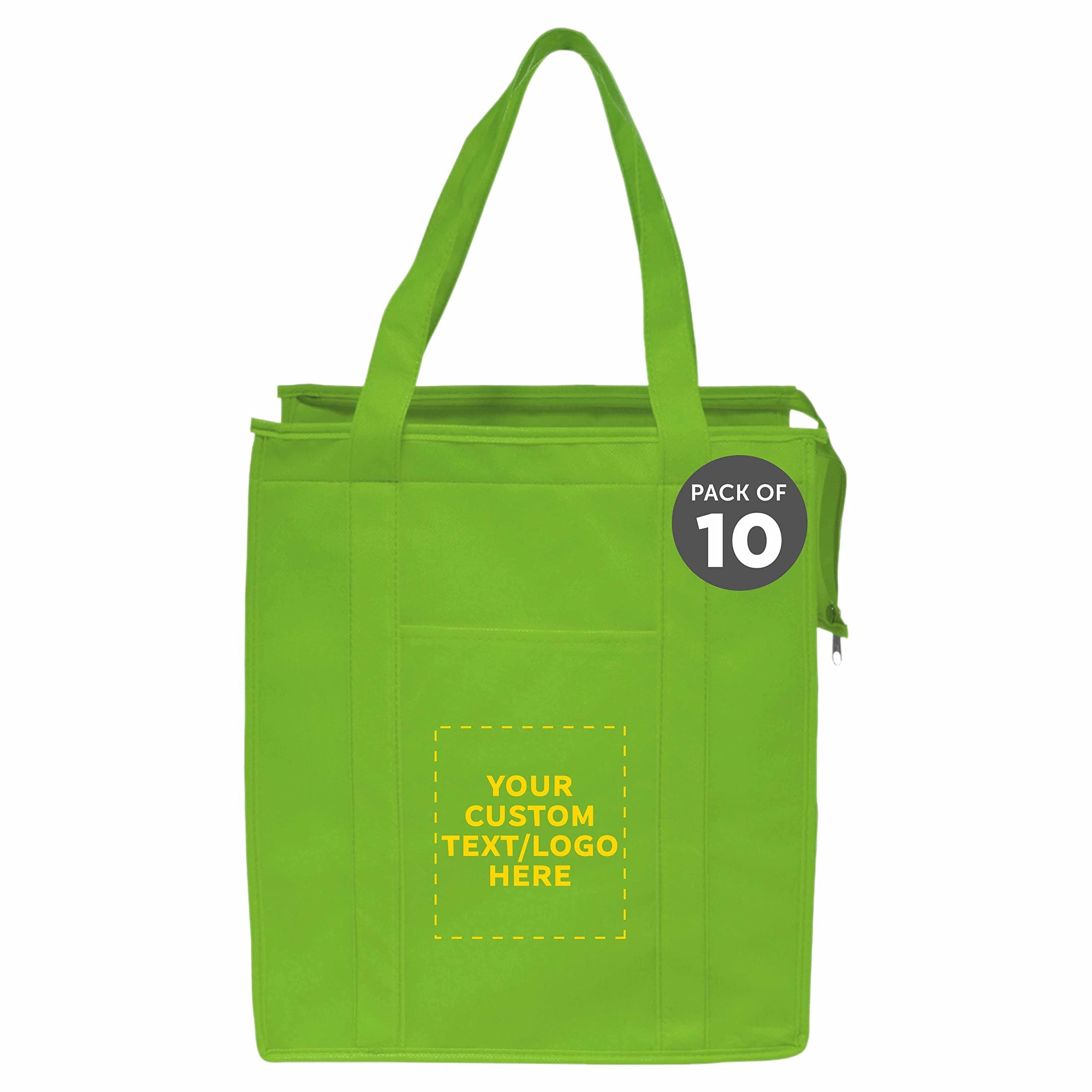 Custom Non-Woven Insulated Reusable Tote Bags - Bulk Pack of 10 Personalized Grocery Bags for Picnic, Camping, Beach & Outdoor Activities - Eco-Friendly Lime Green Shopping Bags for Groceries, Market & Travel