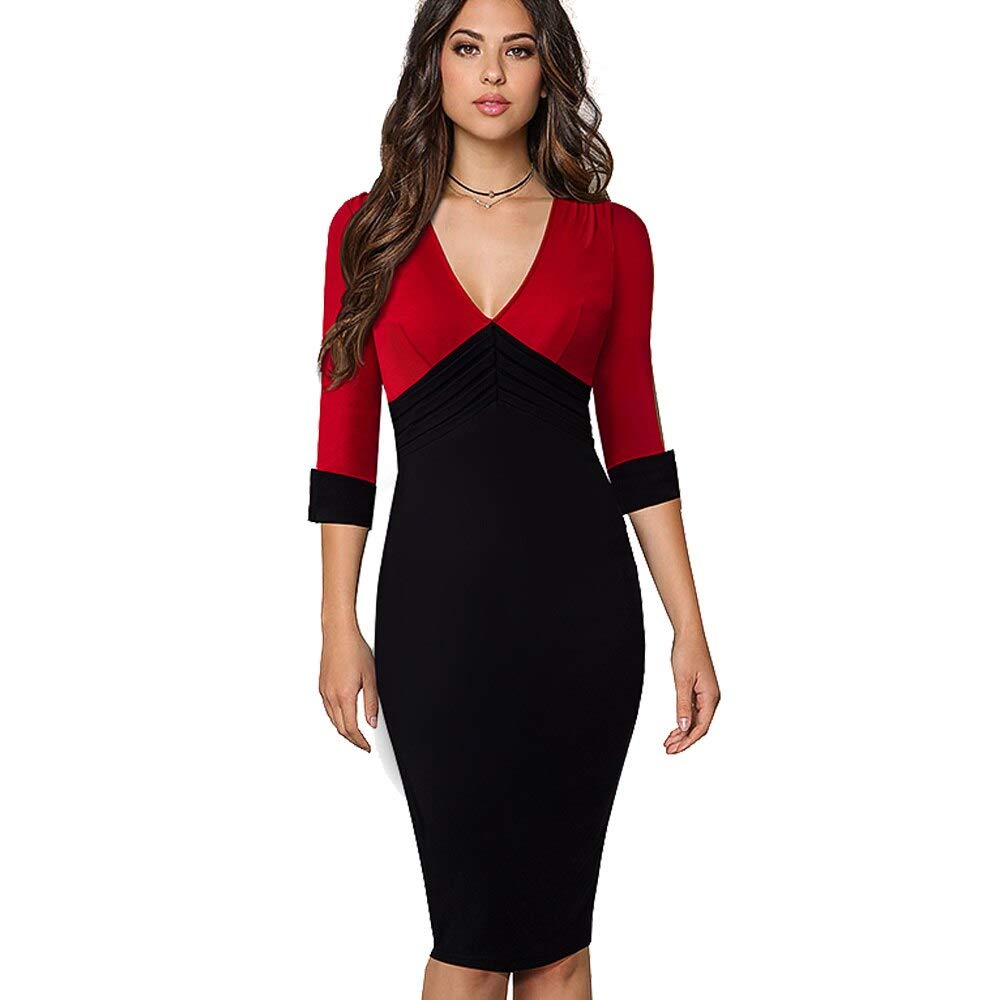 Vintage Elegant Solid 3/4 Sleeve V-Neck Bodycon Office Dress for Women - Black & Red | Workwear, Business Casual, Cocktail Party, Date Night, Formal Occasions