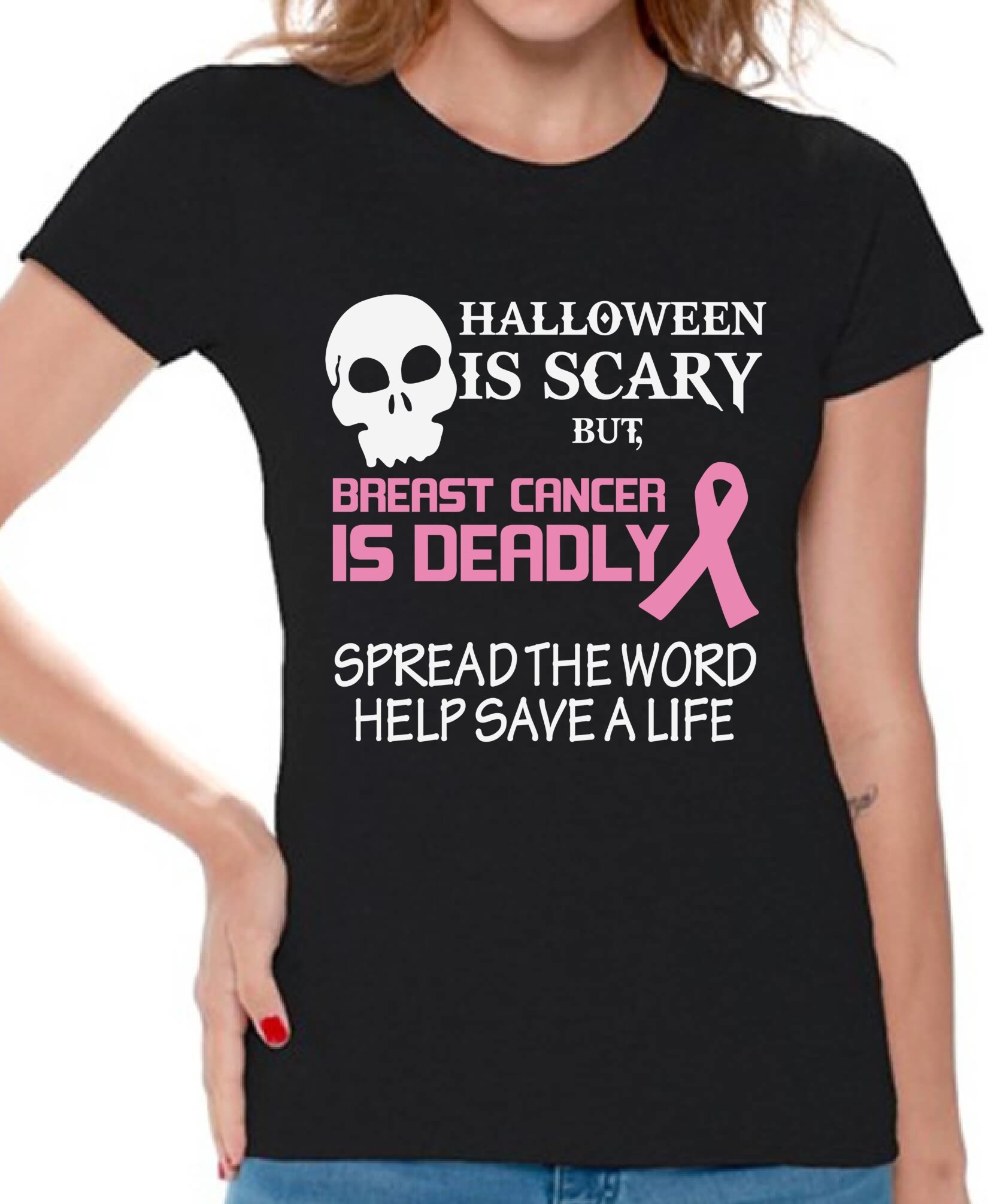 Scary Halloween T-Shirt for Women - Funny Breast Cancer Awareness Shirt with Free Bookmark - Perfect for Halloween Parties & Cancer Support Events