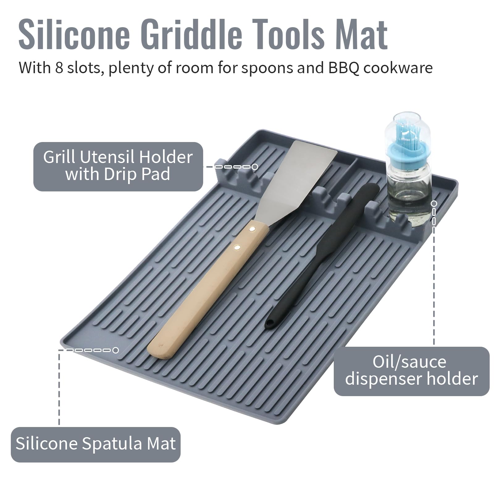Premium Silicone Griddle Mat & Spatula Holder for Blackstone Grills - Heat-Resistant BBQ Grill Mats, Non-Stick Baking Mats & Food Prep Trays for Outdoor Cooking, Camping & Backyard Parties (Gray) - Perfect for Grilling, Baking & Kitchen Counter Protection