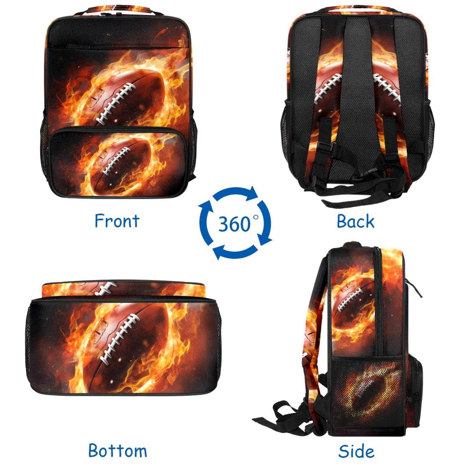 Stylish Travel Backpacks for Women & Men - Durable American Football Design with Flame Pattern - Perfect for College, Hiking, Work & Gym Use